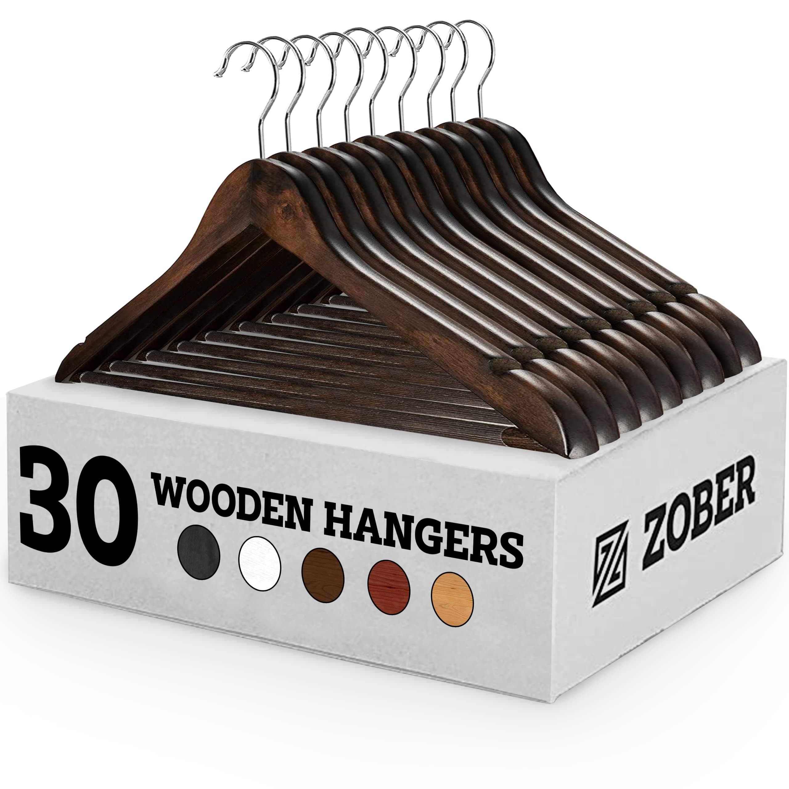 Wooden Suit Hangers with Non-Slip Pants|Smooth Finish Solid Wood Coat Hanger with 360° Swivel Hook & Precisely Cut Notches for Camisole, Jacket, Pant, Dress Clothes Hangers (30 Pack)