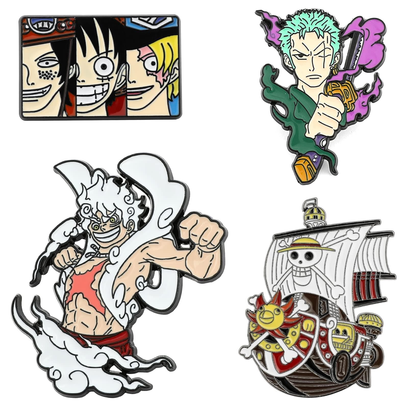 SYOSI 4 Pcs Anime Enamel Pins, One Piece Anime Figures Brooches Nika Luffy Portgas D Ace Zoro Anime Brooches for Fashion Accessories/Cosplay Lover Collection