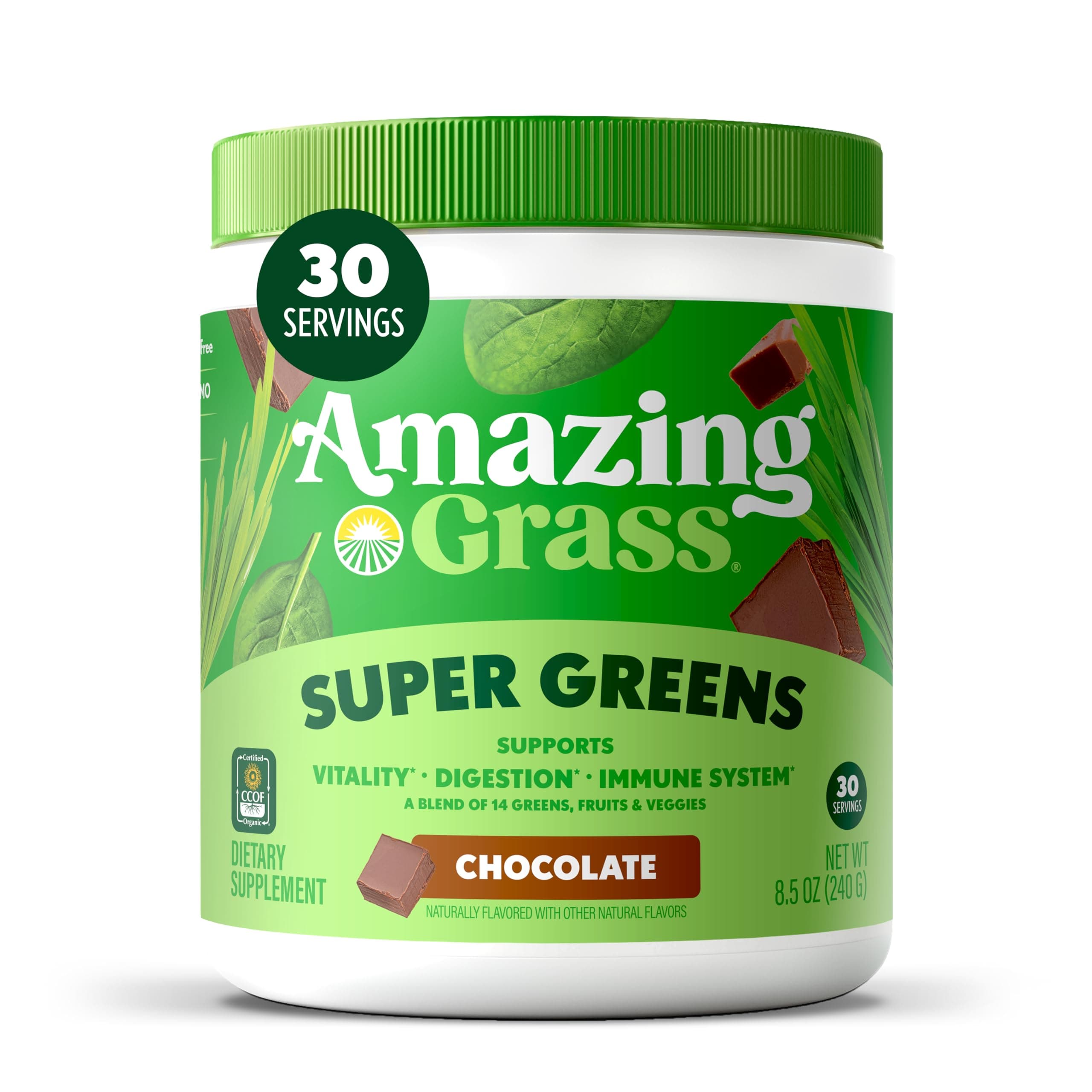 Amazing Grass Greens Superfood Powder: Greens Powder with Digestive Enzymes & Probiotics, Organic Spirulina, Chlorella, and Beet Root Powder, Chocolate, 30 Servings