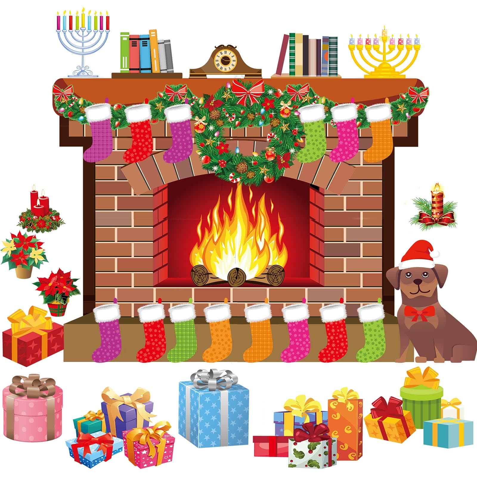 Chinco 39 Pieces Christmas Holiday Hearth Bulletin Board Decoration Fireplace Bulletin Board Seasonal Winter Christmas Stocking Candle Wreath Cutout for Classroom Home Decor