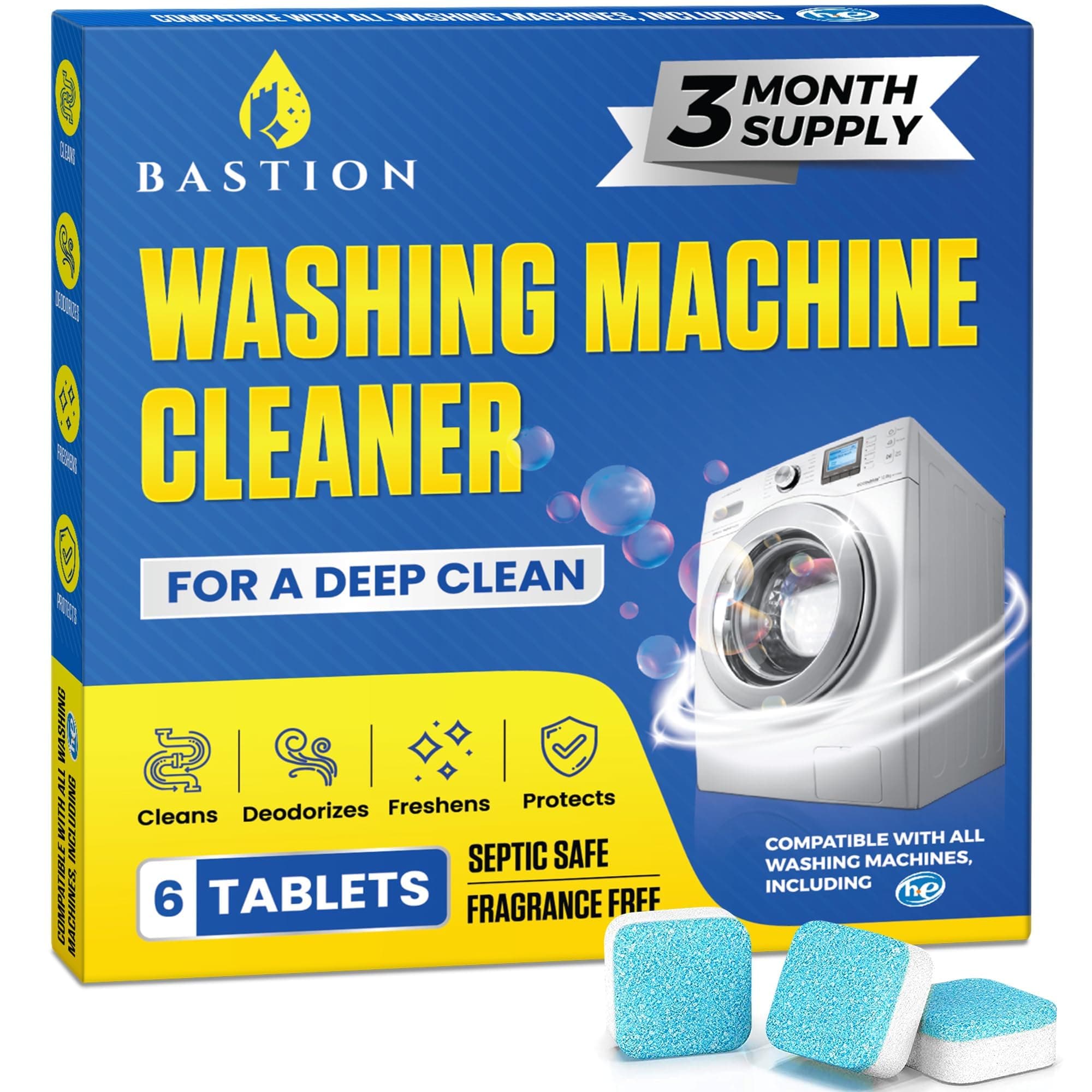 Washing Machine Cleaner, Deodorizer, & Descaler 6-Pack - Active Deep Cleaning Tablets For HE Front Loader & Top Load Washer, Septic Safe Eco-Friendly - 3 Month Supply