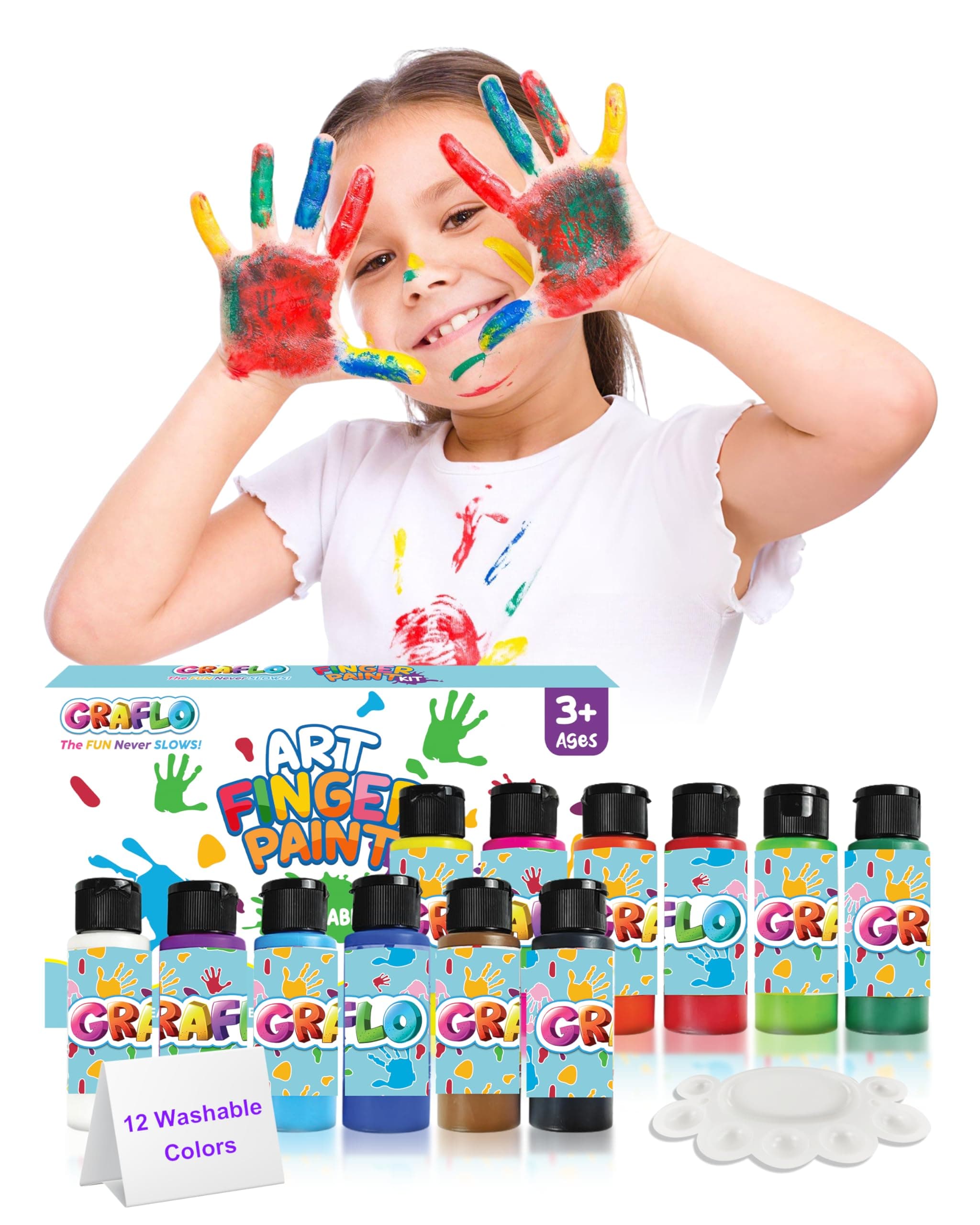 GRAFLO Washable Finger Paint for Toddlers, Safe Non-Toxic, 12 Vibrant Colors, Baby Safe Paint for Hands and Feet, Mess Free Art Supplies for Kids, Preschool Learning Gifts, for 1-6 Years Old