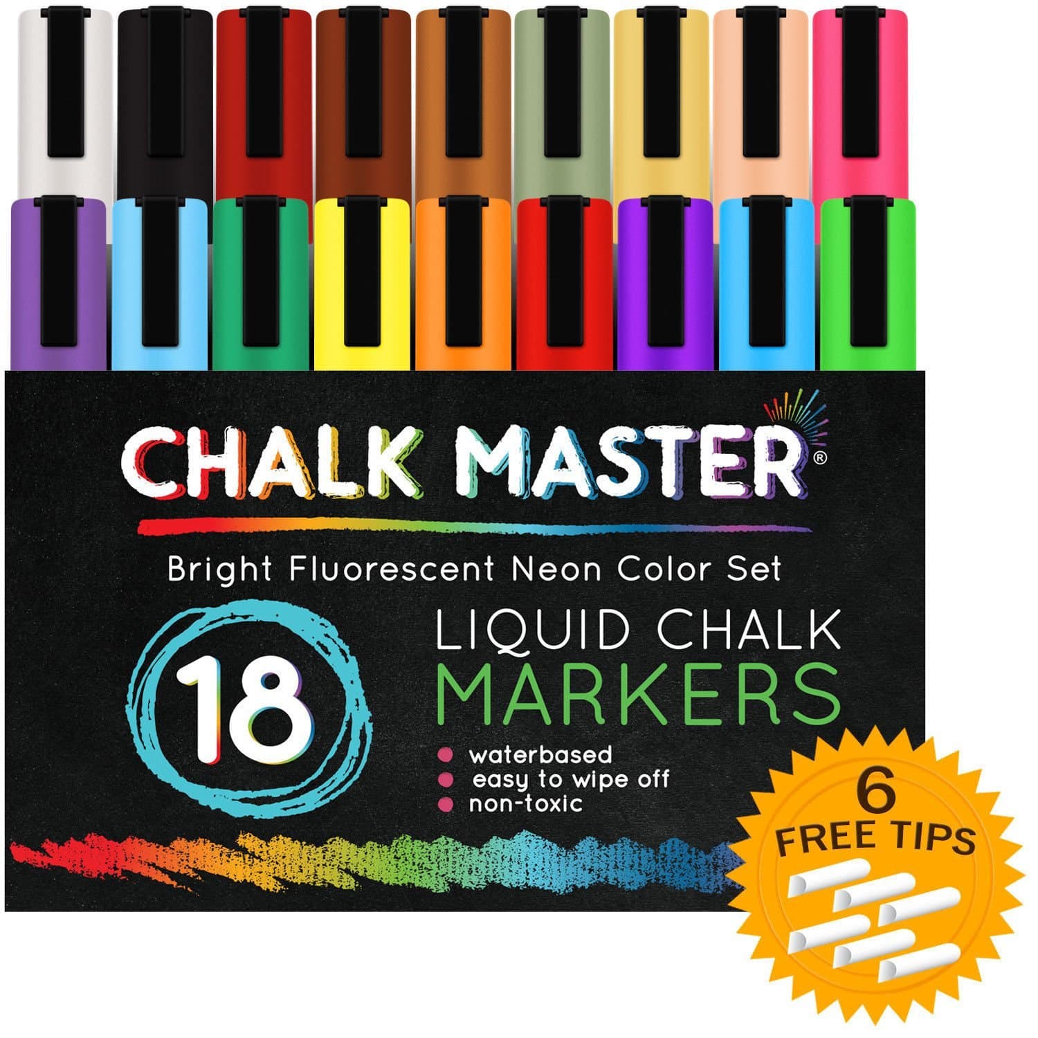 18 Color 6mm Chalkmaster Liquid Chalk Markers Neon Pen Set + 6 Reversible Tips