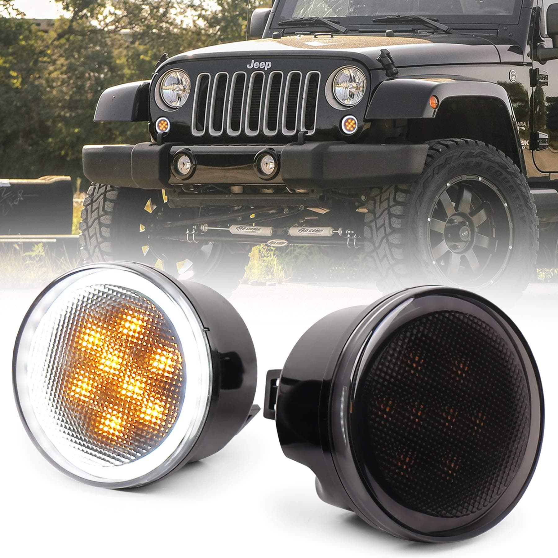 MOVOTOR JK Turn Signal Lights White Halo Amber LED Smoke Lens Front Grille Parking Lights for 2007-2018 Jeep Wrangler JK & JK Unlimited