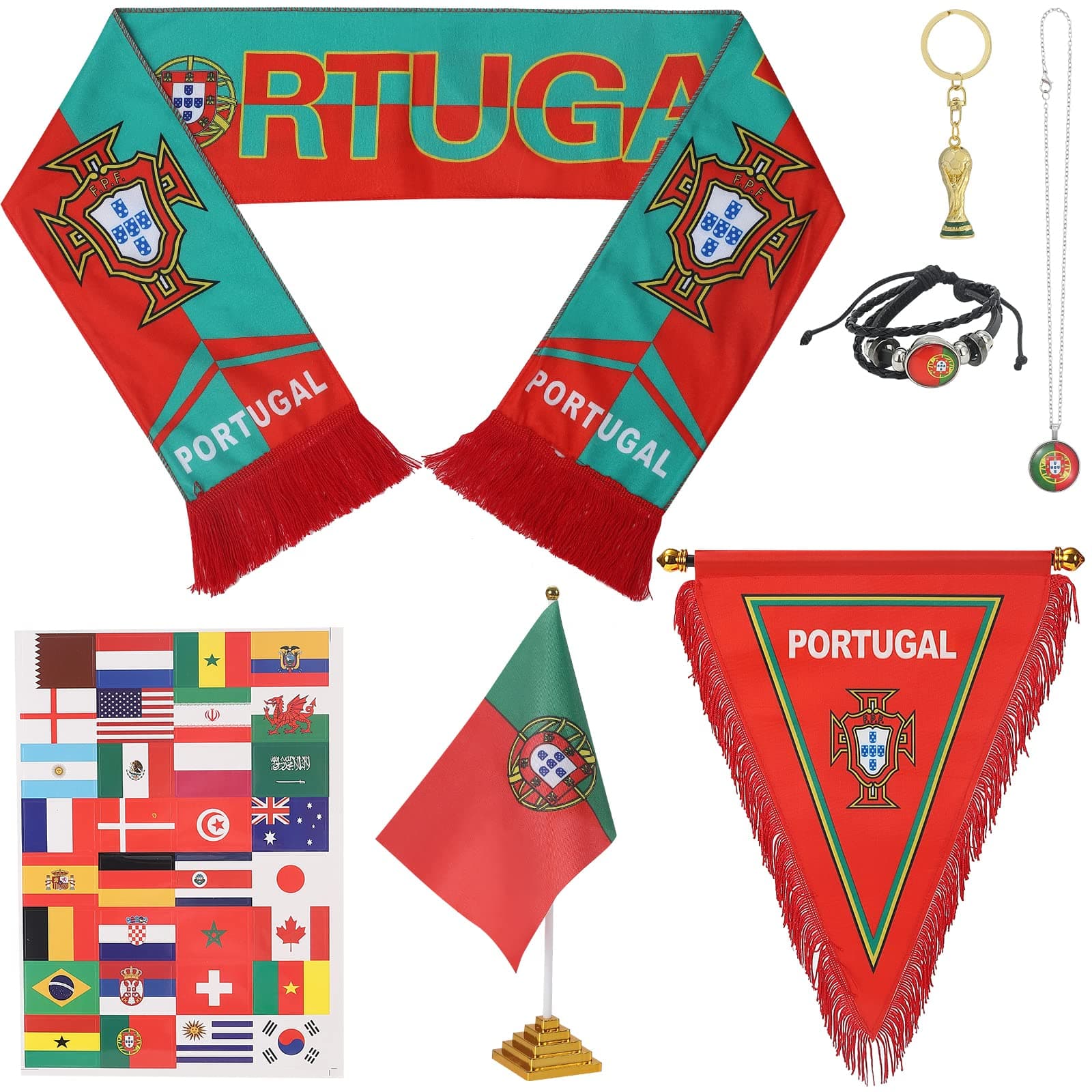 GHVALLYFootball Party Supplies Set Soccer Party Favors World Cup 2022 Football Party Bags Fillers Including Table Flag 32 Stickers Key Chain Scarf Bracelet Necklace Pennant for Kids and Fans, Portugal