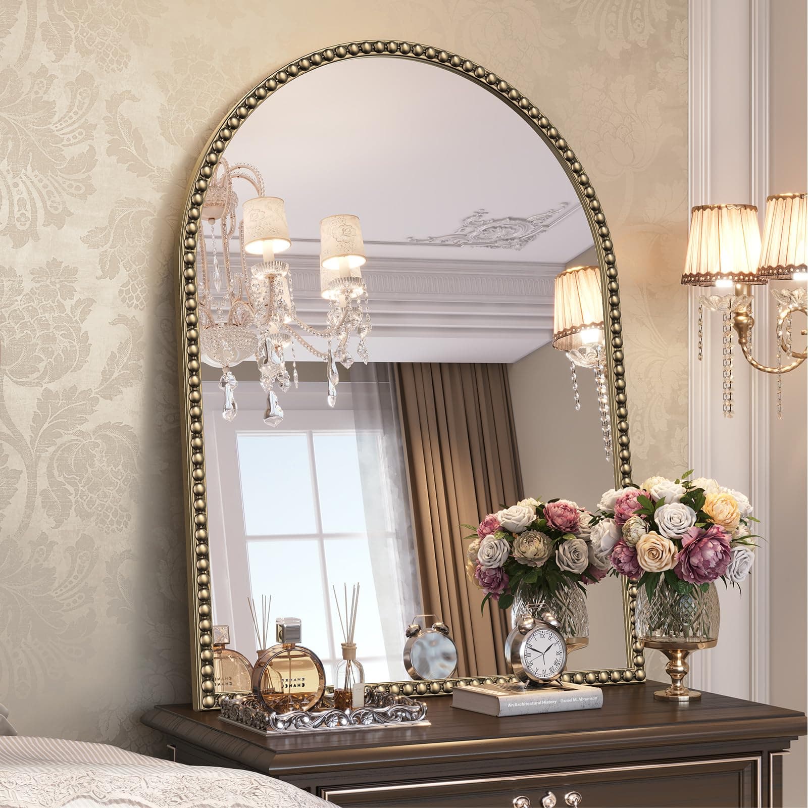 Arched Beaded Mirror for Bathroom, 24"x32" Antique Gold Arch Vanity Wall Mirror, Retro Brass Metal Frame Champagne Bronze Mirrors for Bedroom Dressing Room Entryway Fireplace