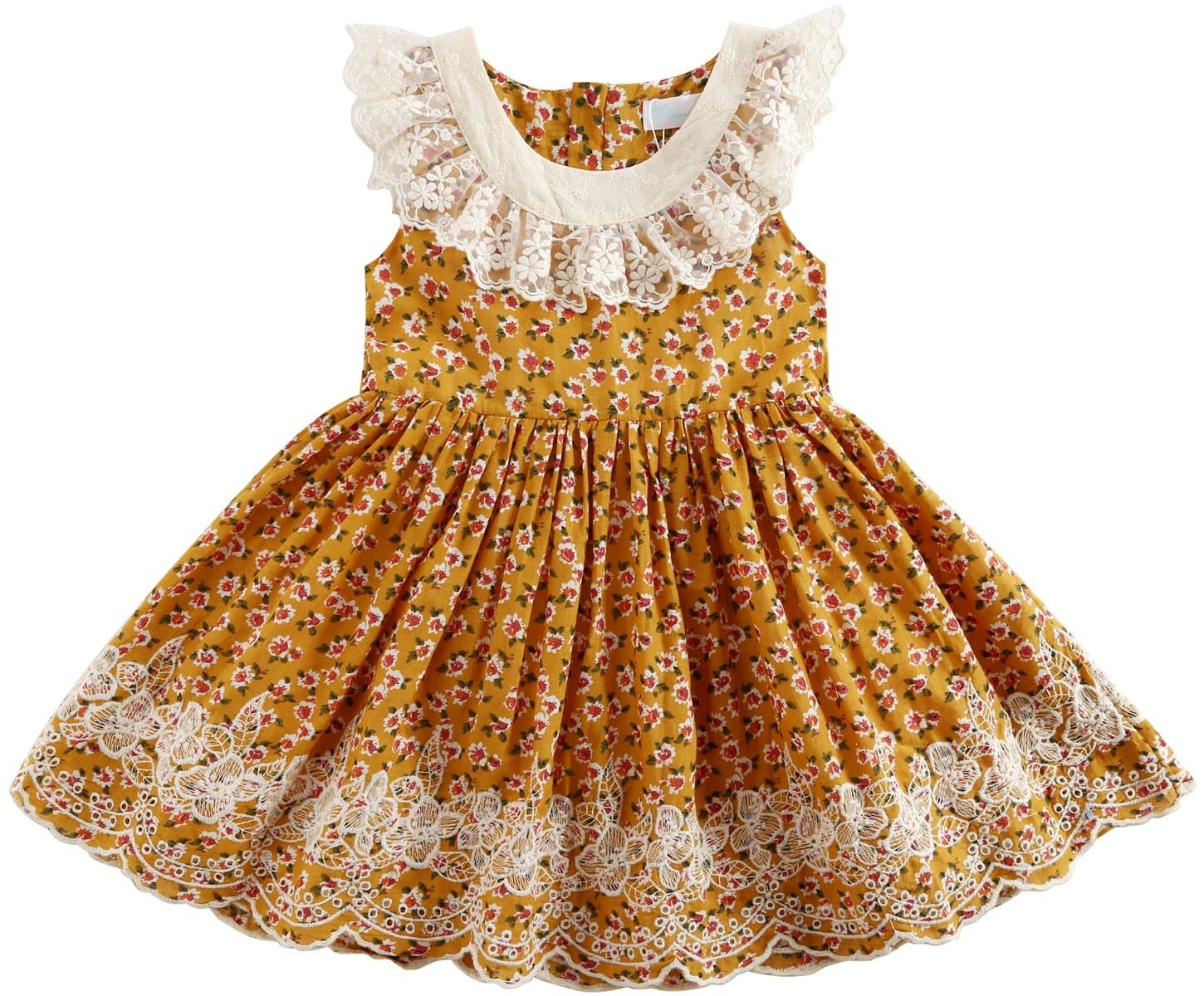 Girls Sleeveless Dress, Children Dress for Flower Lace Rose Embroidery Cotton Ruffle Design Swing Party Dresses