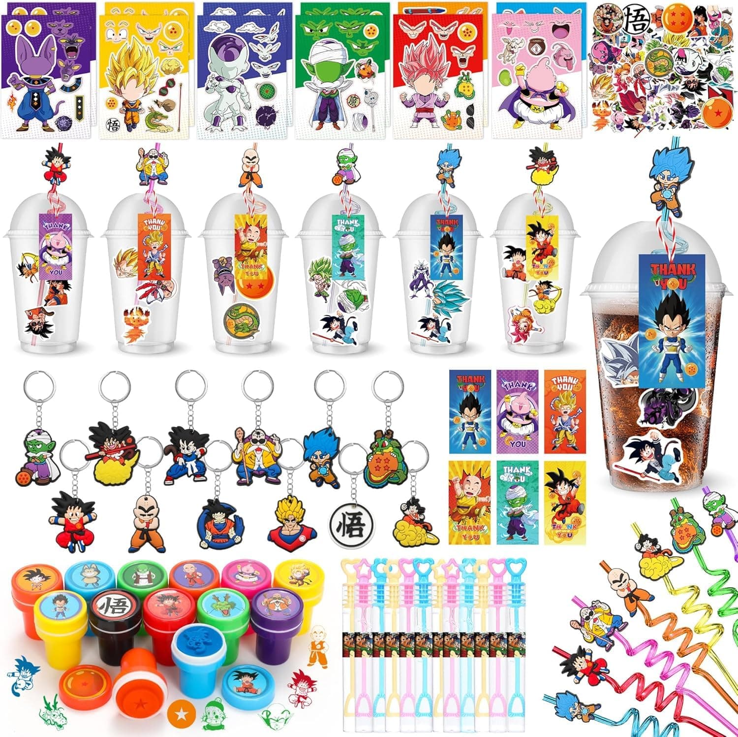 160PCS Dragon Party Favors for Kids Anime Birthday Party Supplies Anime Stamps DIY Cups Bubble Wands Keychains DIY Stickers Straws Dragon Birthday Party Supplies for Kids