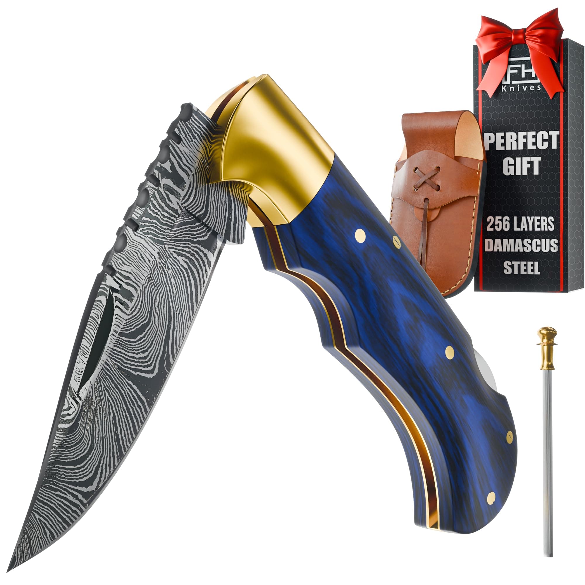 6.5 Inch Handmade Damascus Pocket Knife for Men - Damascus Steel Folding Knife with Sheath - Back Lock Pocket Knives for Men Christmas Gift for husband, boyfriend, Dad, brother