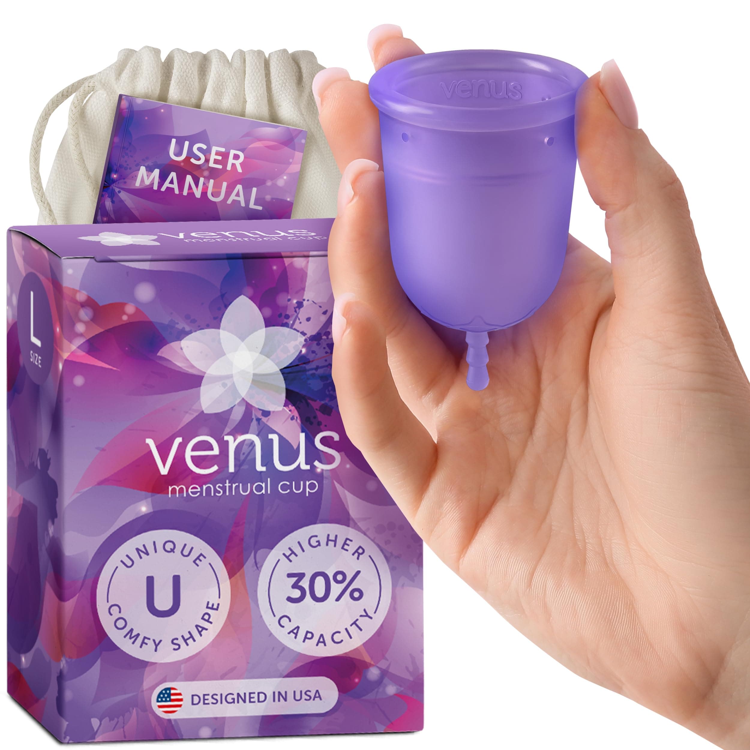Large Menstrual Cup – High Capacity for Heavy Flow -Made in USA - 100% Medical Grade Silicone Reusable Period Cup - for High Cervix - Unique Design to Ease Your Period Cycle | Purple