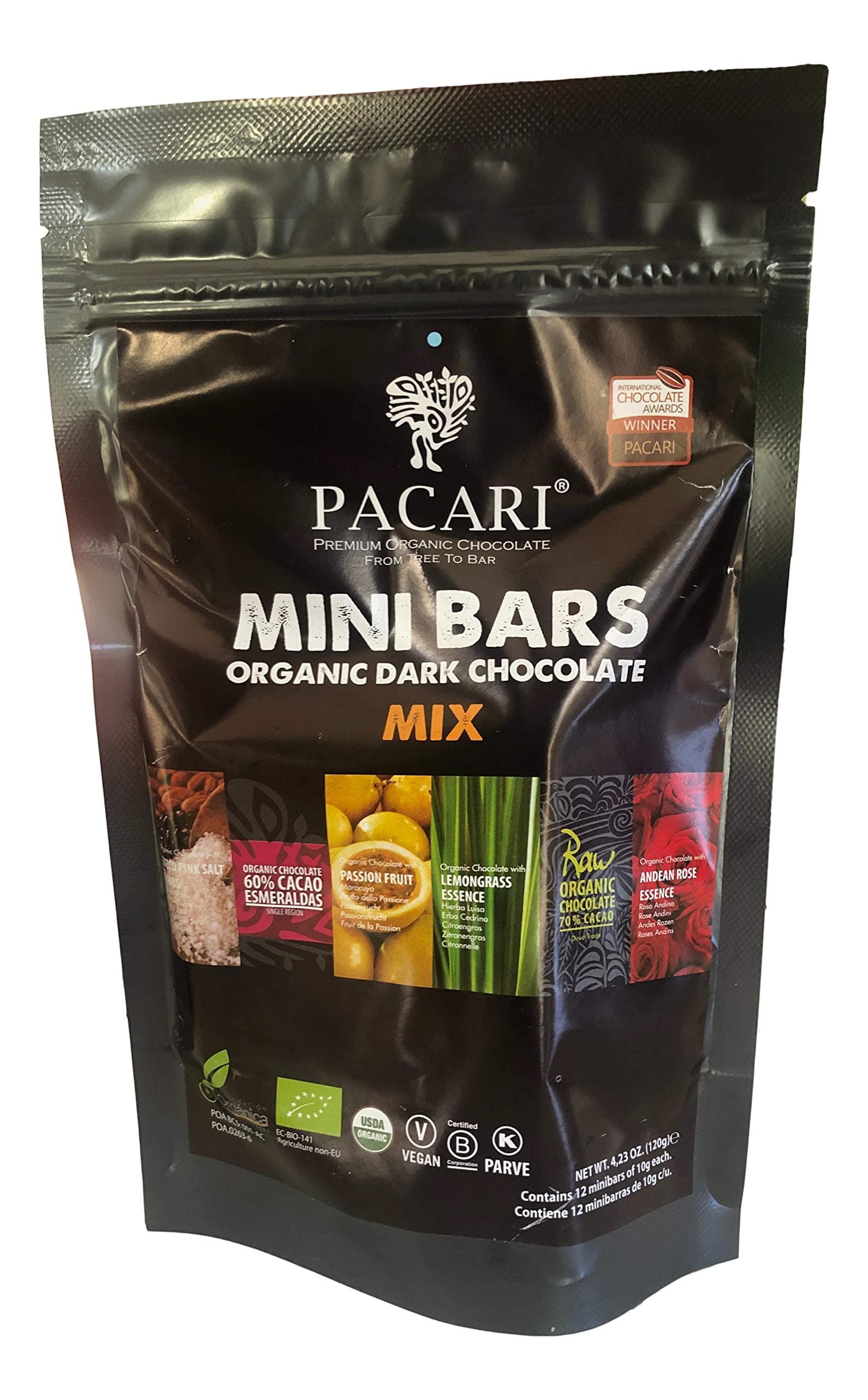 Organic dark chocolate variety pack 6 flavors, Pacari Organic: Salt & Nibs, 60% Cacao and Esmeraldas, Passion Fruit, Lemongrass Essence, Raw Organic 70% Cacao, Andean Rose Essence, 120 gr, 4 ounces
