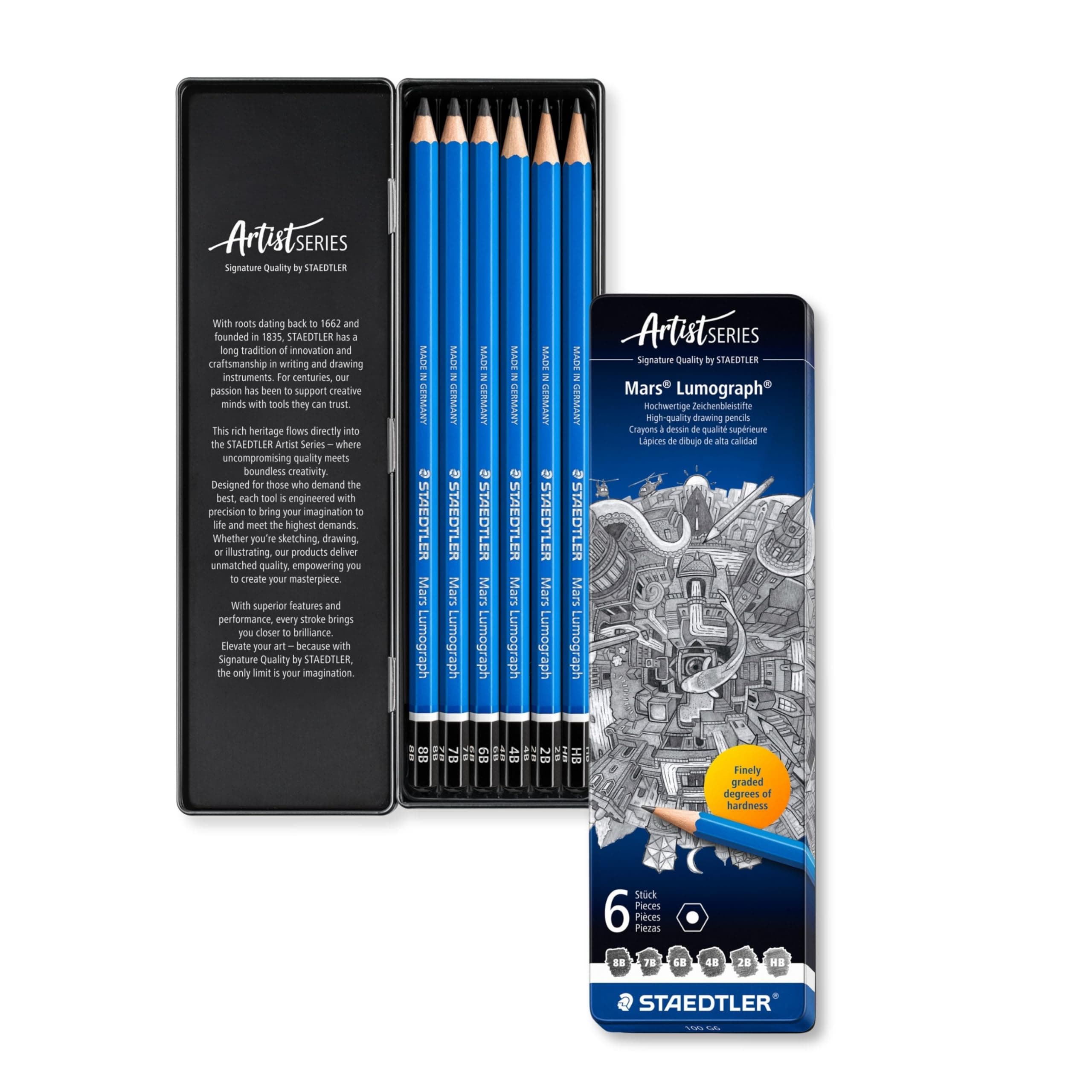 100 G6 Mars Lumograph Graphite Pencils for Drawing and Sketching - Assorted Degrees, 8B-HB (Tin of 6), Silver/Blue