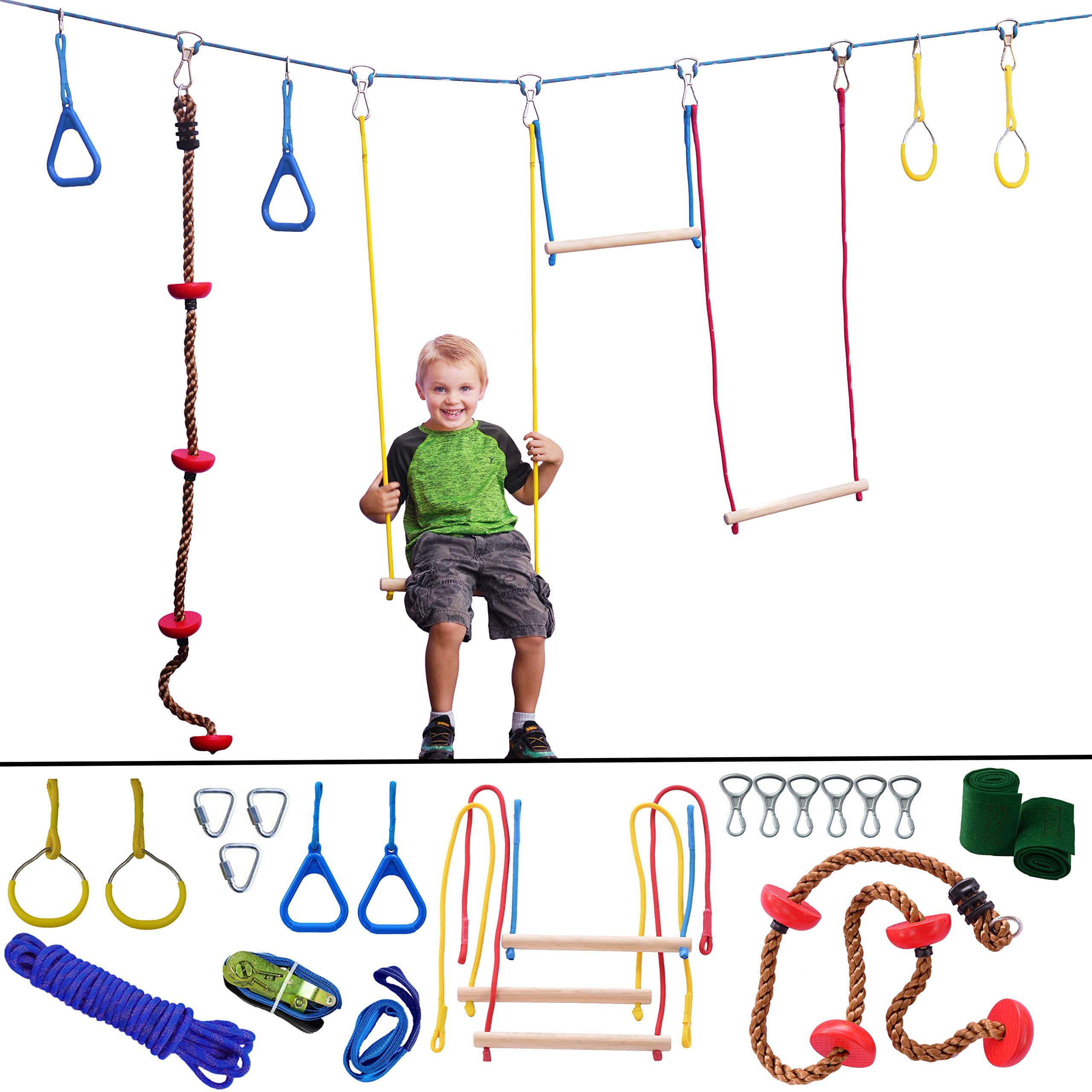 Ninja Hanging Obstacle Course - Portable 40’ Slackline Rope Monkey Bar Kit with 8 Swinging Obstacles - Climbing Rope, 4 Rings, 3 Monkey Bars - 250lb Capacity Backyard Playground Equipment Swing Set