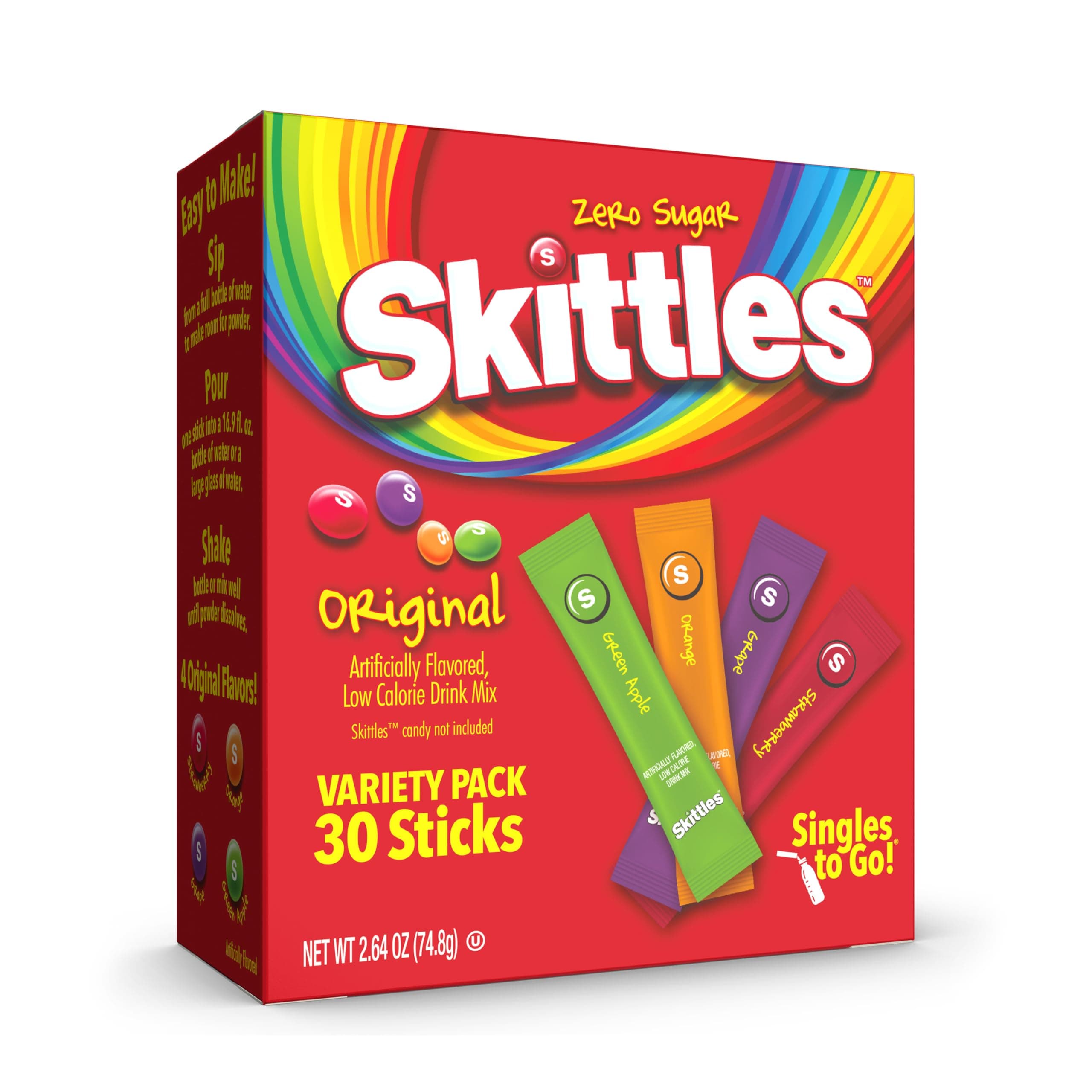 Skittles Singles To Go Variety Pack, Powdered Drink Mix, Zero Sugar, Low Calorie, Includes 4 Flavors: Green Apple, Strawberry, Grape, Orange, 1 Box (30 Single Servings)