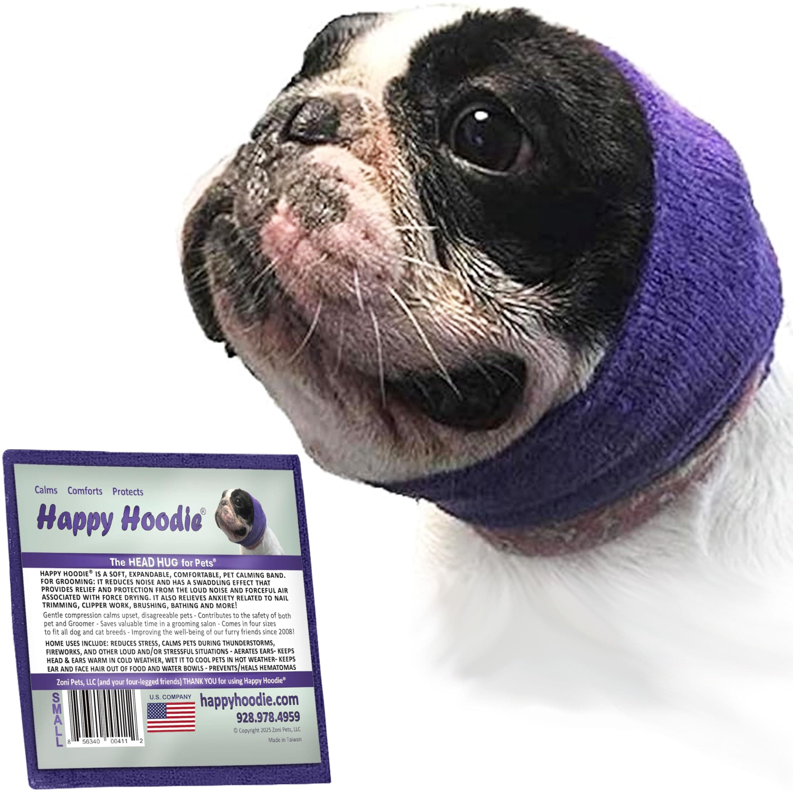 Happy Hoodie The Original Dog & Cat Calming Band - American Brand - Anxiety Relief/Noise Protection-Grooming-Thunder-Fireworks (Small, Purple) - Since 2008