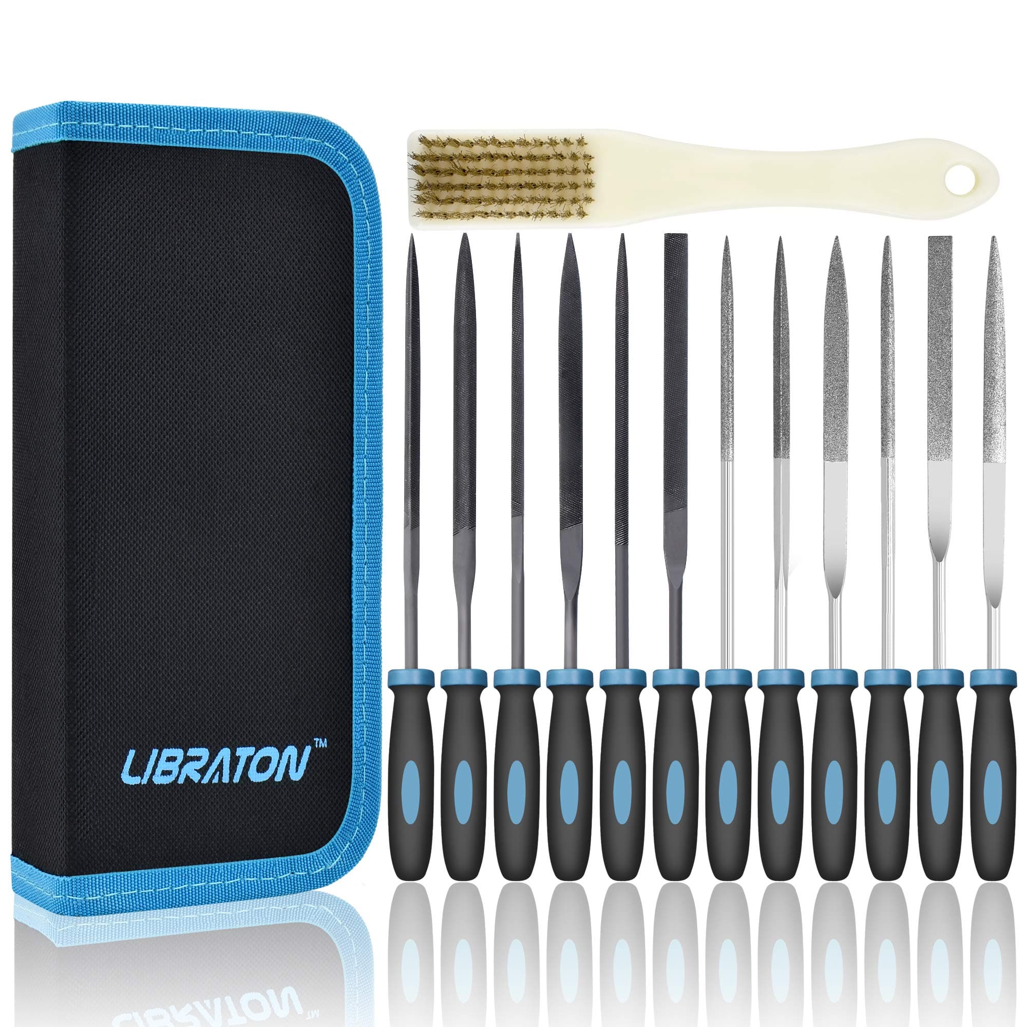 Libraton Small File Set, Needle Diamond Files 13PCS, 6pcs Jewlers Files & 6 Steel Files for Precision Metal File Work, Woodworking, Plastic Carving Craft Tool with Steel Brush and Carry Case