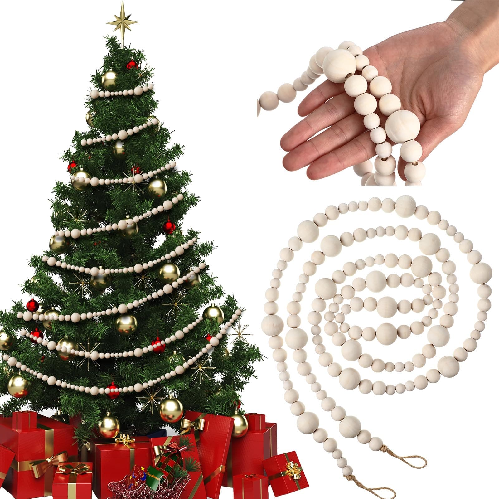 Syhood 2 Pcs 13.6 Feet Christmas Wooden Beads Garland for Christmas Tree Wood Bead Garland Decor Boho Beads Wall Hanging Garlands for Xmas Tree Farmhouse Country Holiday Decoration(Wood Color)