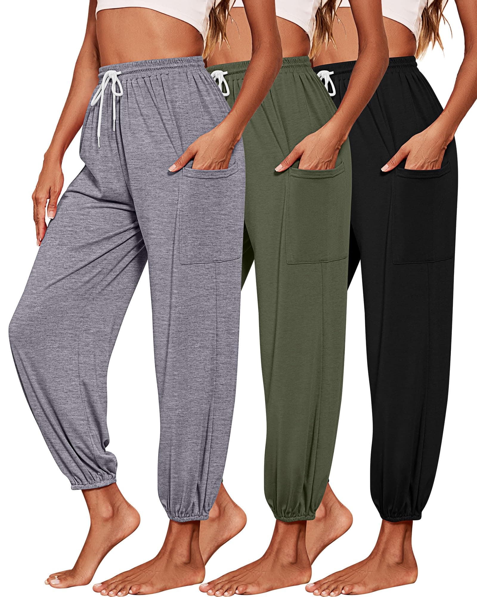 Riyiper3 Pack Women's Sweatpants, Cozy Yoga Pants with Pockets Casual Harem Lounge Pants Athletic Drawstring Joggers