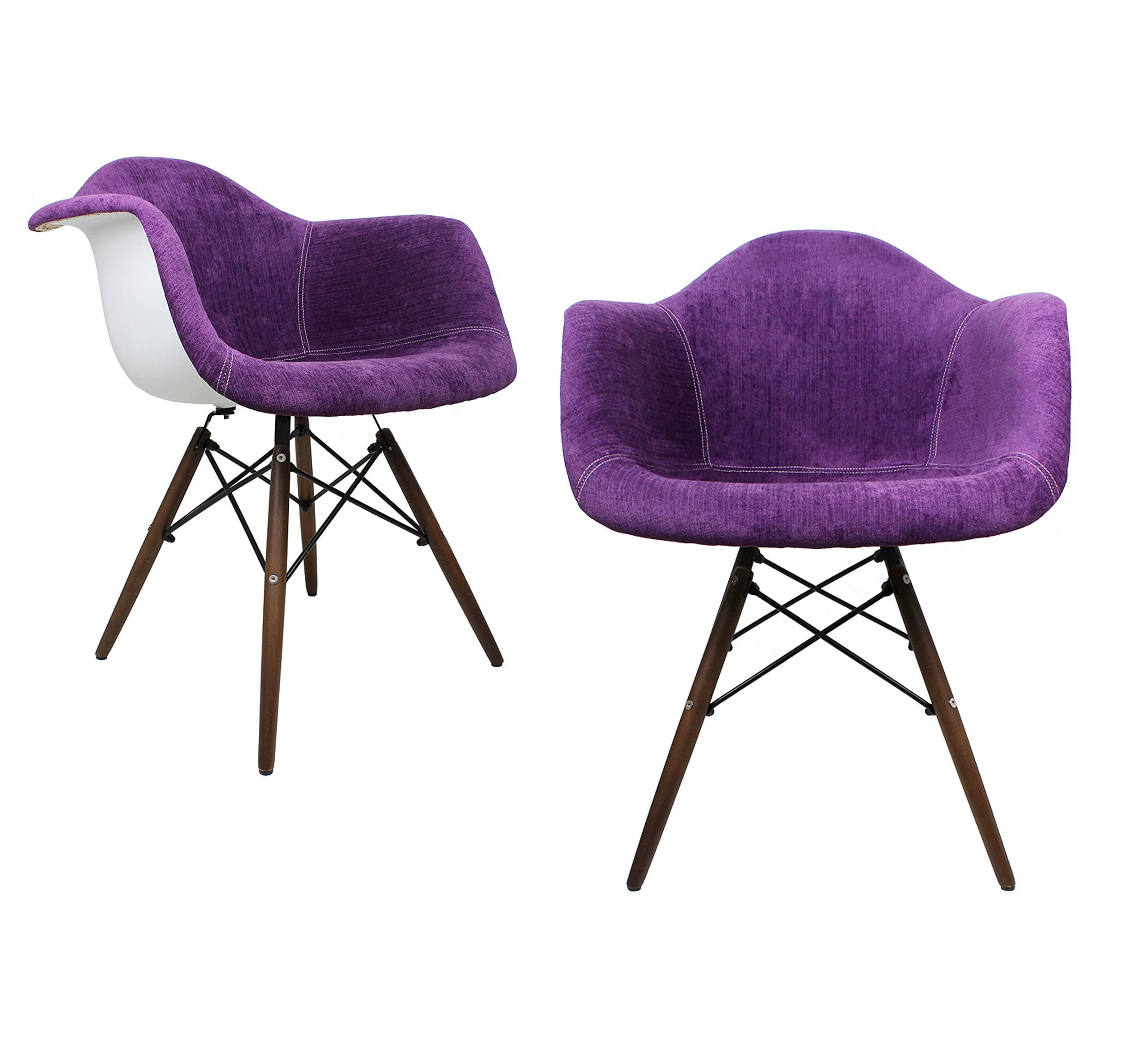 Mid-Century Modern Velvet Fabric Upholstered Accent Arm Chair with Dark Walnut Wood Eiffel Legs Set of 2 (Purple)