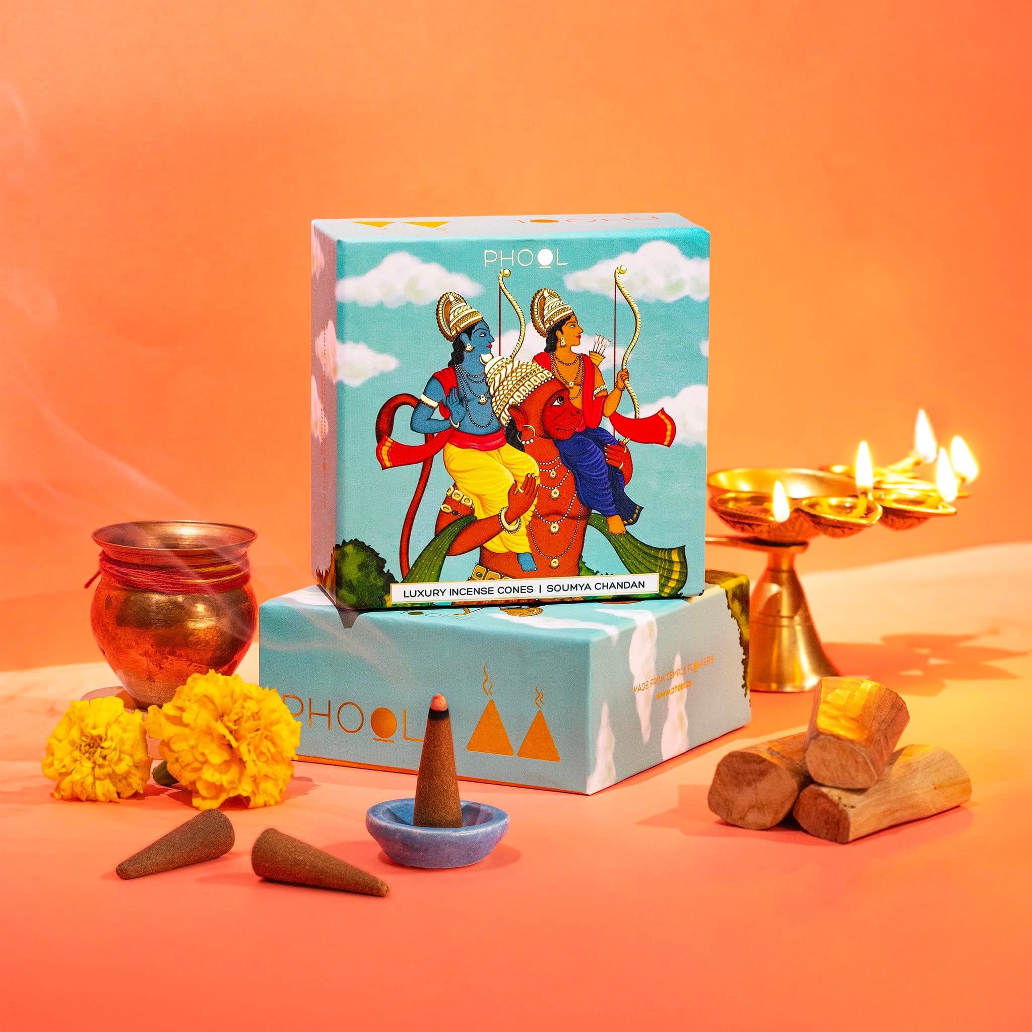 Ayodhya Incense Cones-Soumya Chandan Fragrance|Special Pooja Pack Flowers Offered At Ayodhya Temples|Pack Of 40 Dhoop Cones|No Charcoal&Chemical|Free Dhoop Stand Inside