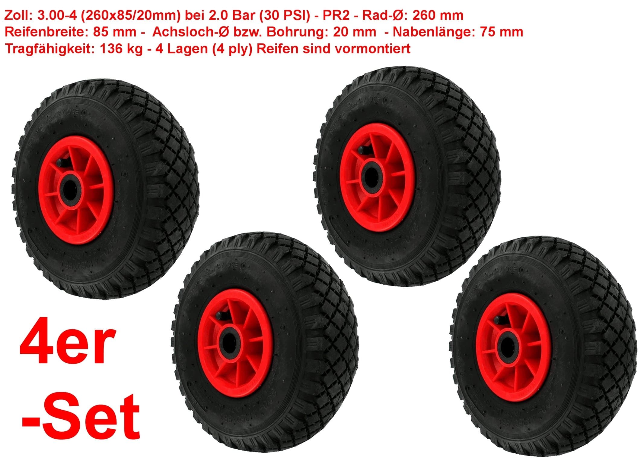 4x Izzy Sports Pneumatic Wheel/Replacement wheel for Handcart Wheels 260 x 85 (3.00-4 | Wheel for Hand Truck/Sack Truck Wheels Handcart Wheels I Ball Bearing