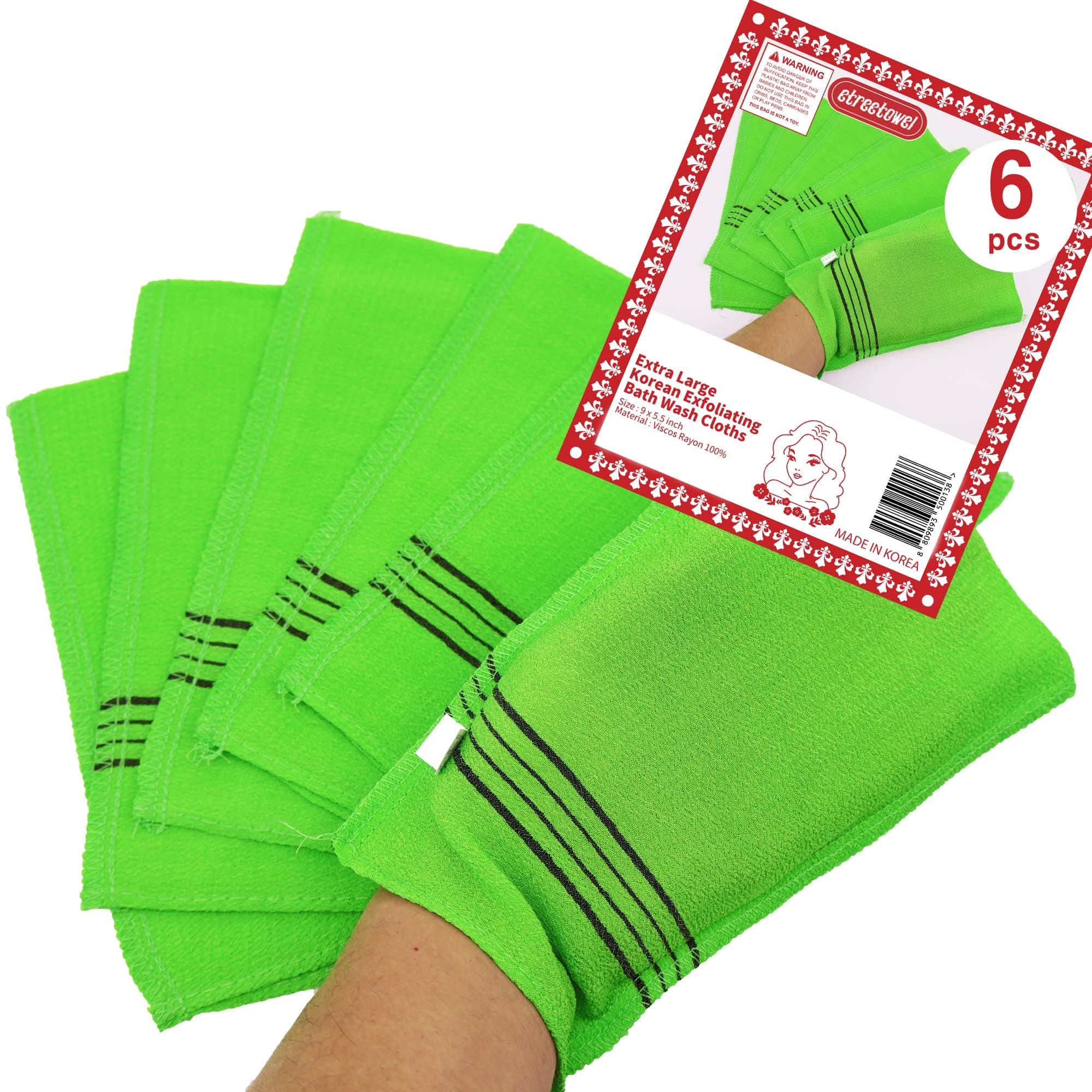 Extra Large Size 9.9" x 5.5" (6 PCs) Korean Asian Exfoliating Bath Washcloths Mitt Scrub for Body washcloth Glove Viscose Rayon Towel for Soft Skin Korea Made
