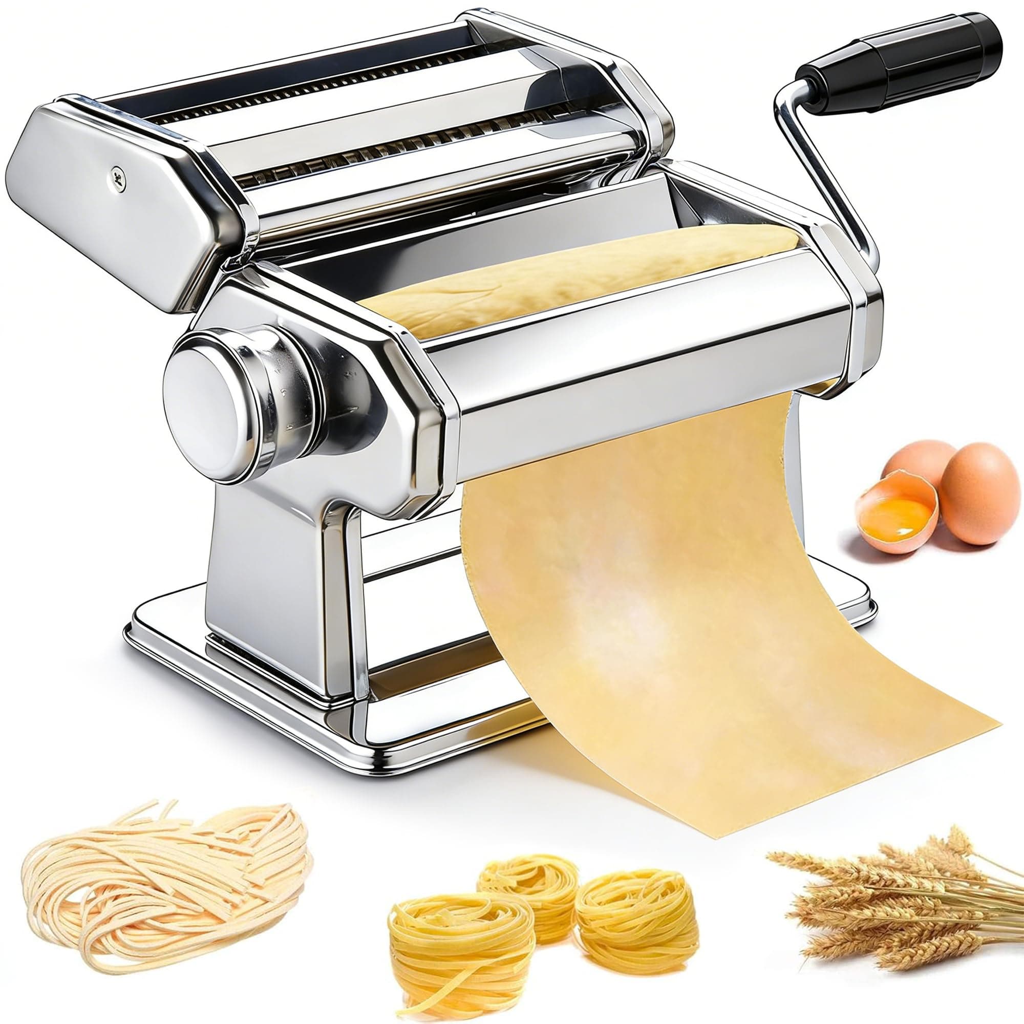 Pasta Maker, METLUCK Stainless Steel Pasta Machine Manual Roller Pasta Maker with 9 Thickness Settings for Spaghetti Linguine Fettuccine Lasagne, Includes Dough Cutter & Hand Crank
