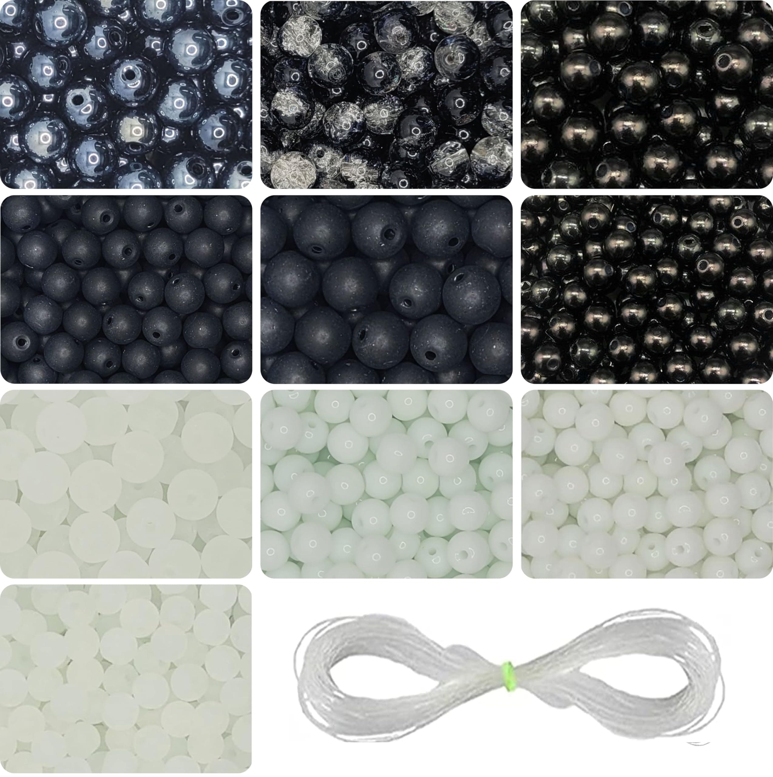 INDIKONB Glass Pearl Moti Beads - 6mm and 8mm (Black and White)