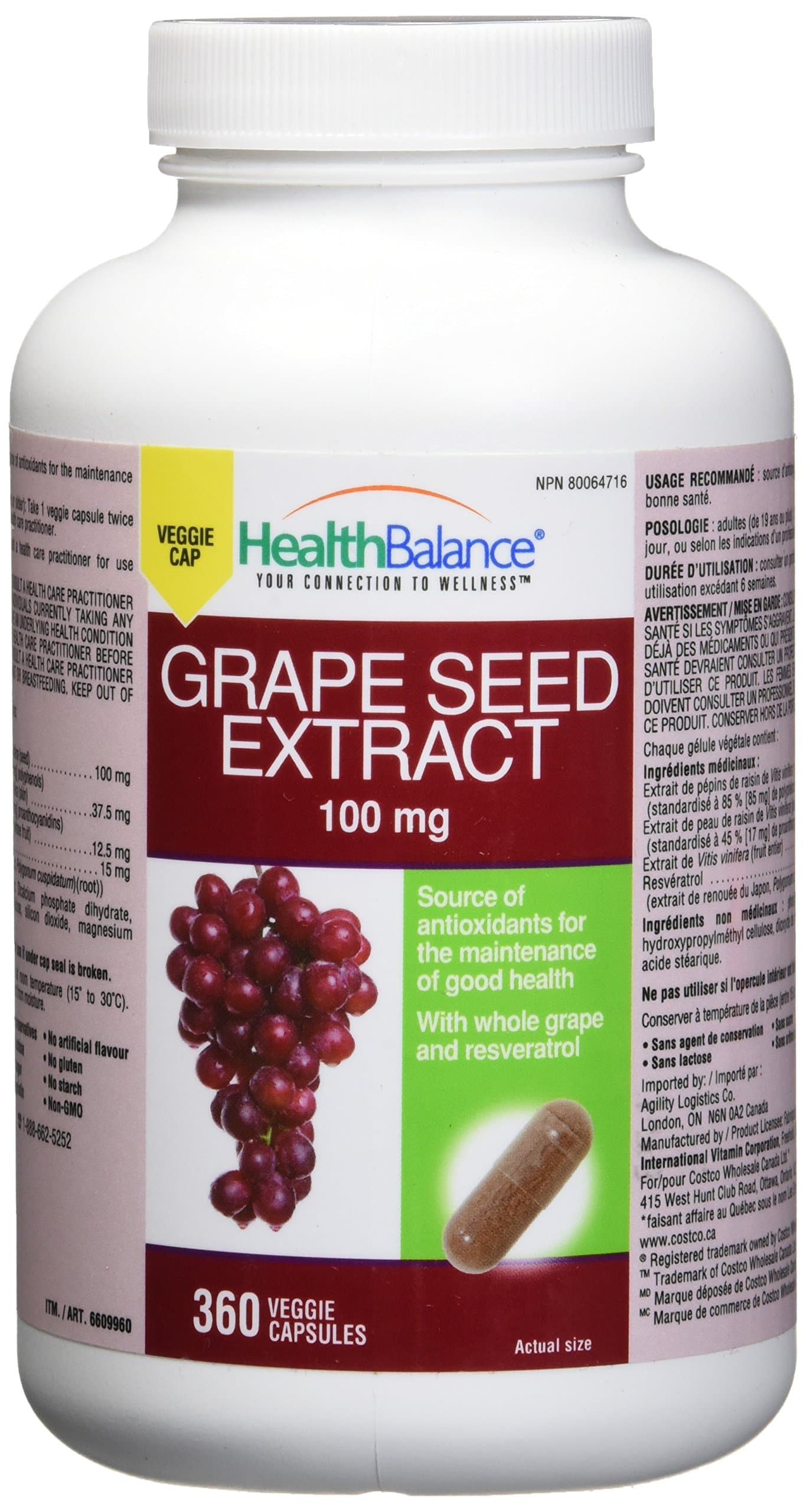360 caps, Grape Seed Extract - Resveratrol, 100mg, from HealthBalance, Antioxidant