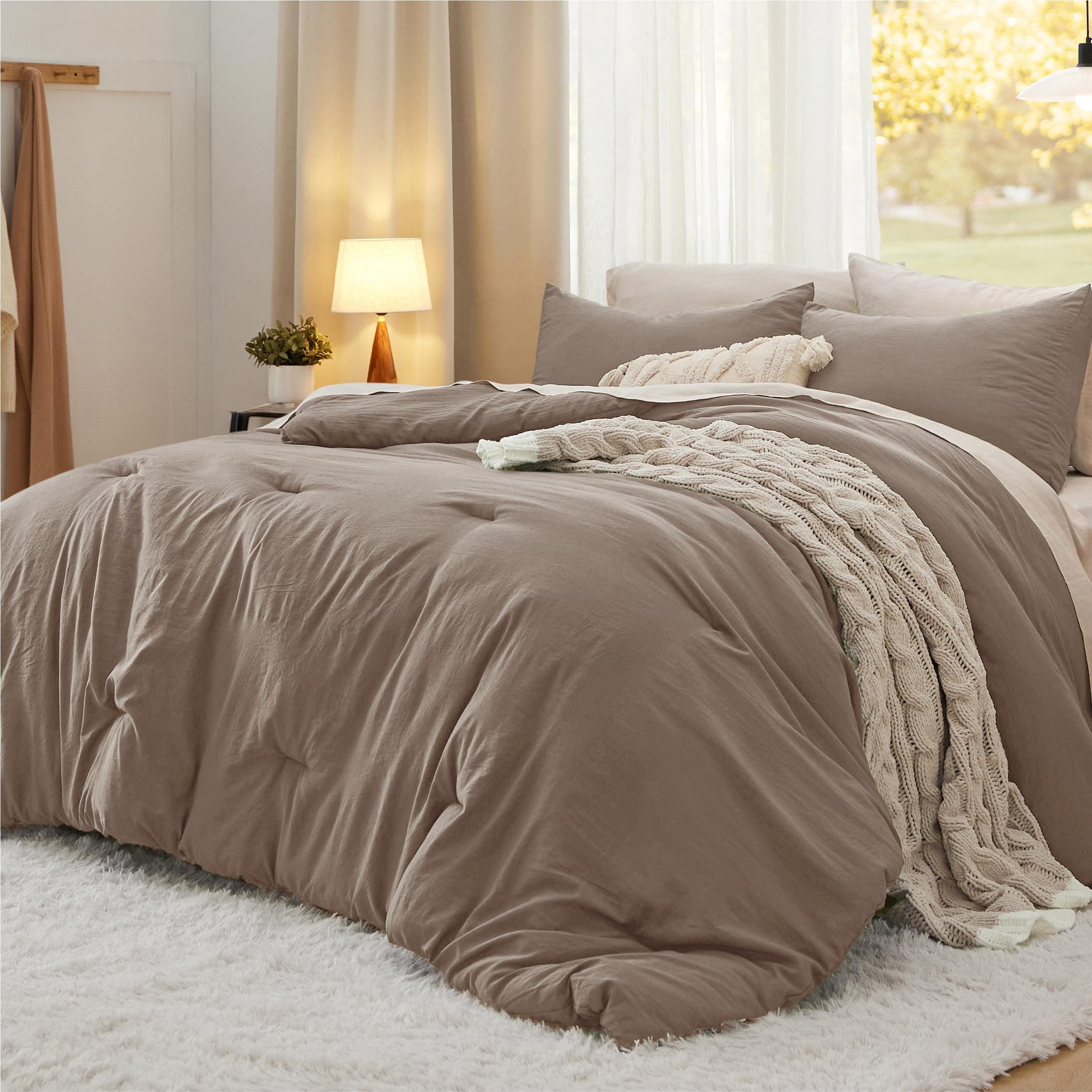 Bedsure Queen Comforter Set, Brown Soft Prewashed Bedding for All Seasons, 3 Pieces GentleSoft™ Bed Set, 1 Lightweight Comforter (90"x90") and 2 Pillowcases (20"x26")