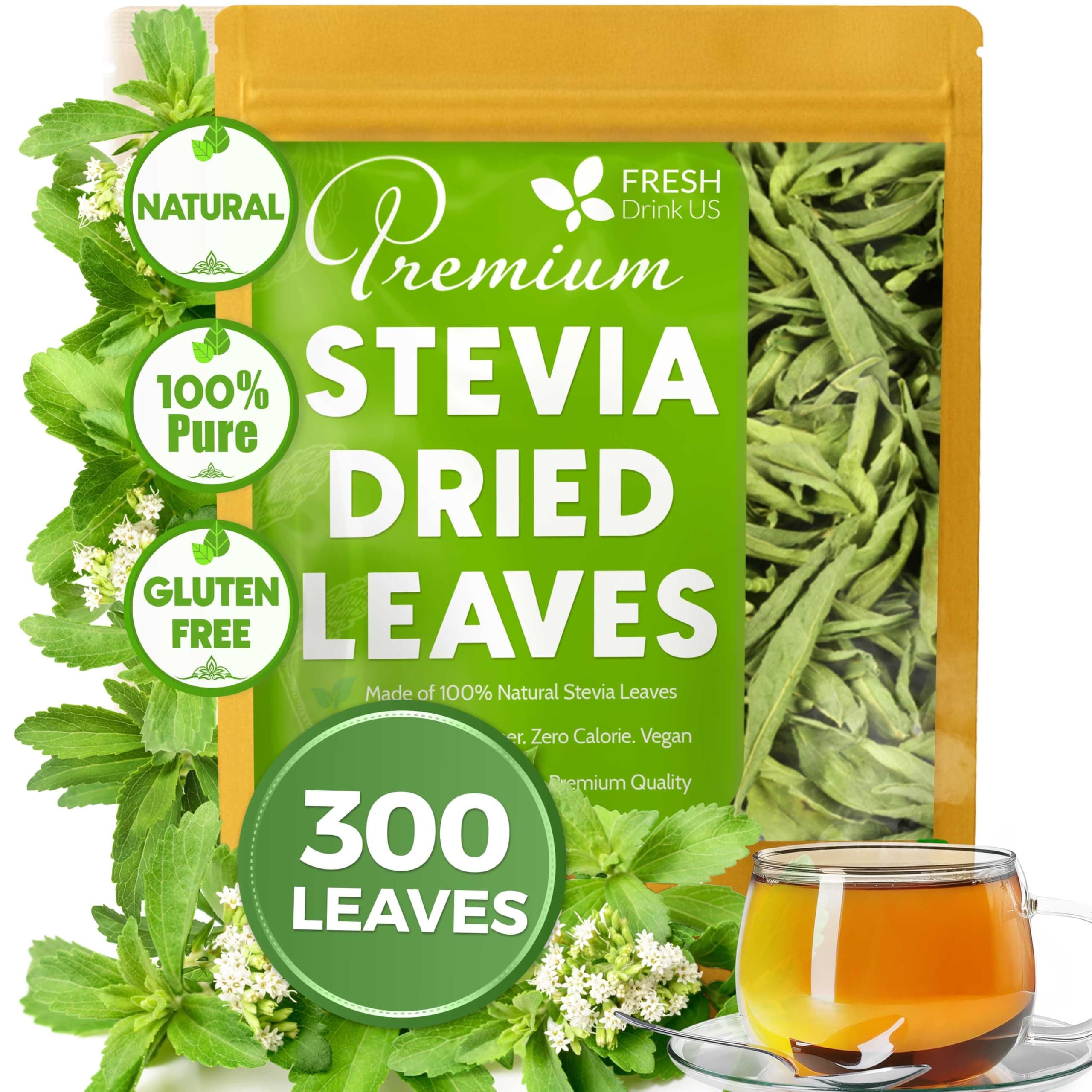FreshDrinkUS, Premium 300+ Natural Stevia Leaves, Whole Dried Leaves, 100% Pure Stevia Dried Leaves, Zero Calorie Sweetener, No Additives, No Caffeine, Vegan