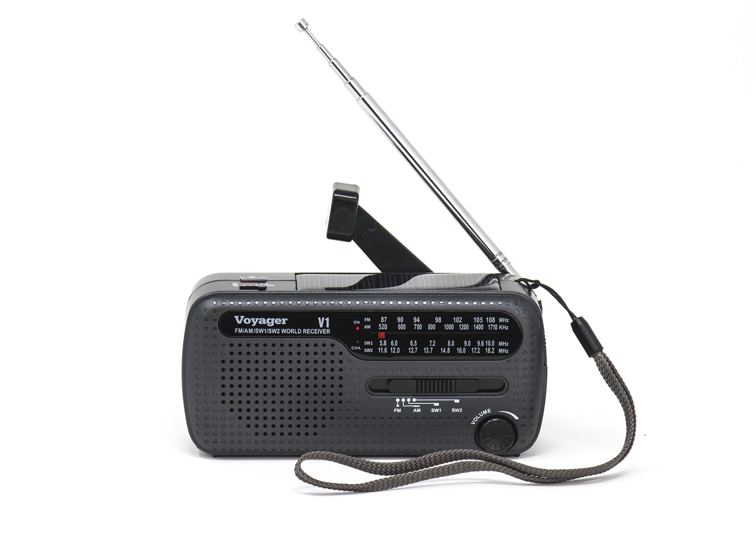 V1 Voyager Solar/Dynamo AM/FM/SW Emergency Radio with Cell Phone Charger and 3-LED Flashlight, Iron Gray