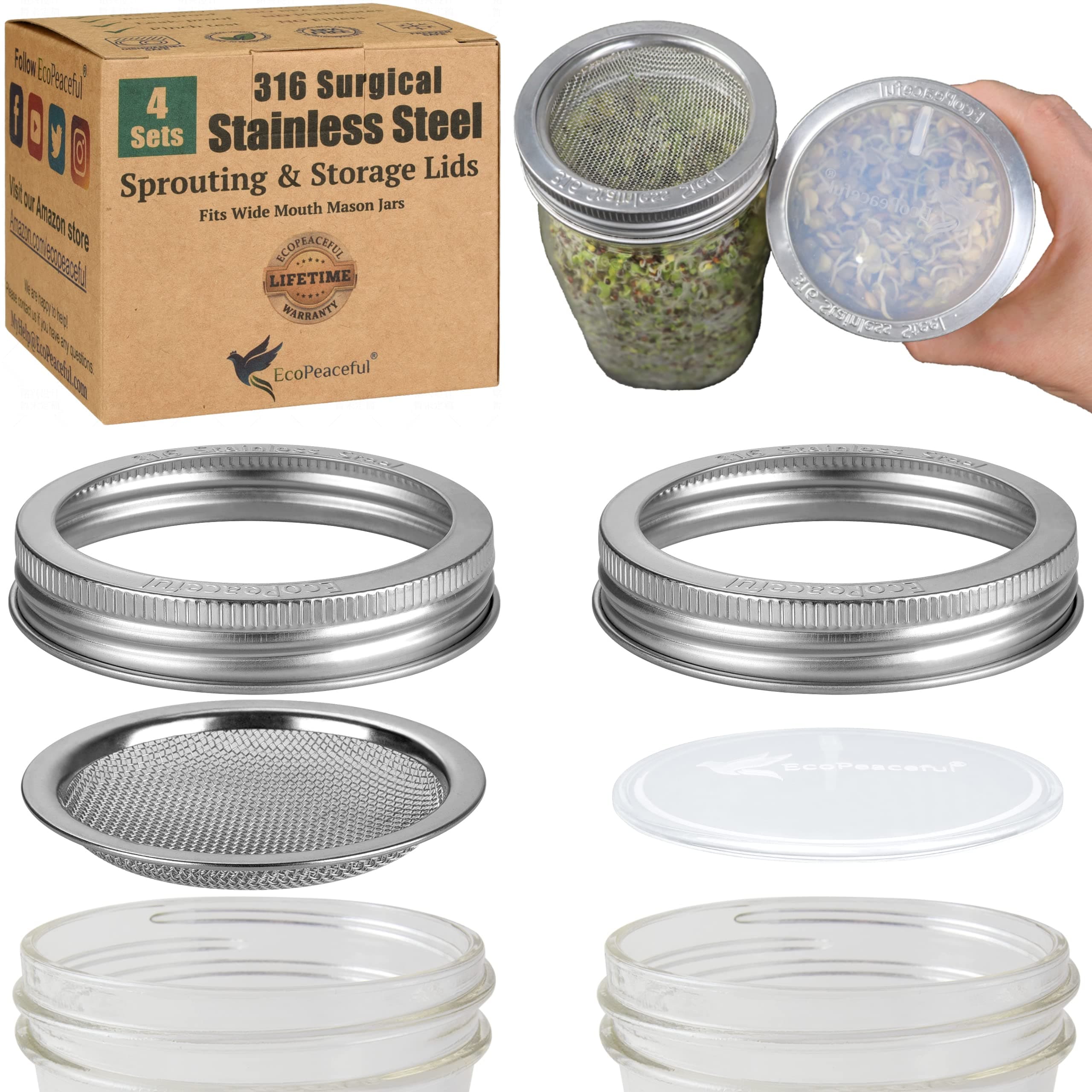 4 Pack Mason Jar Sprouting Lids for Wide Mouth Mason Jars (Ball or Kerr) - 316 Surgical Stainless Steel Curved Mesh Sprouting Set (4 Rings, 4 Screens, 4 Inserts) - Strainer Sifter