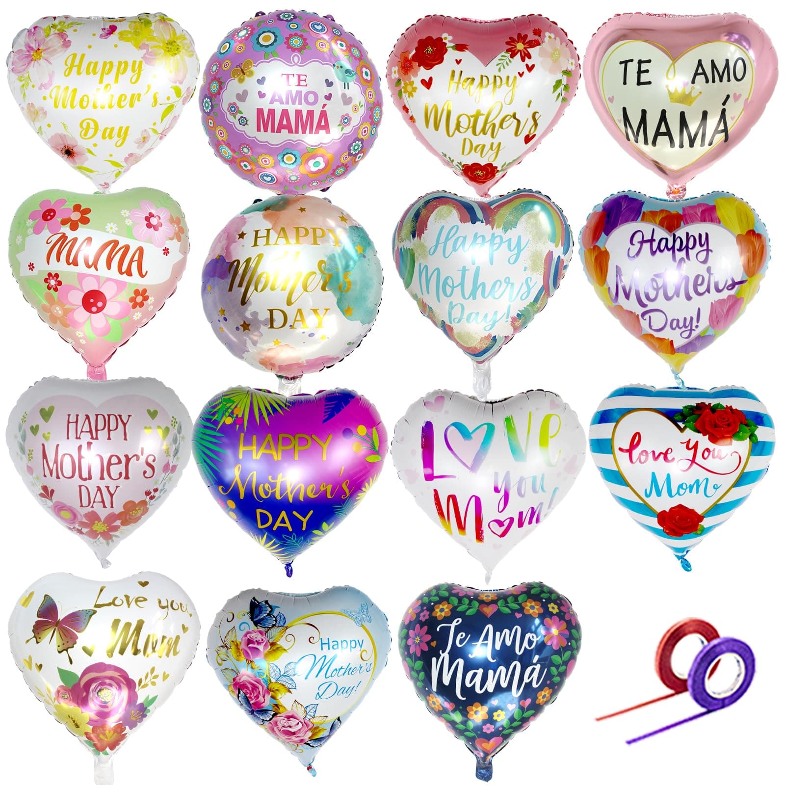 Happy Mother's day Balloons, 18 Inch Heart Aluminum Foil Ballons with Ribbon for Birthday wedding, Colorful Mylar Balloon for Mom Birthday Party Decorations Supplies. 15Pcs