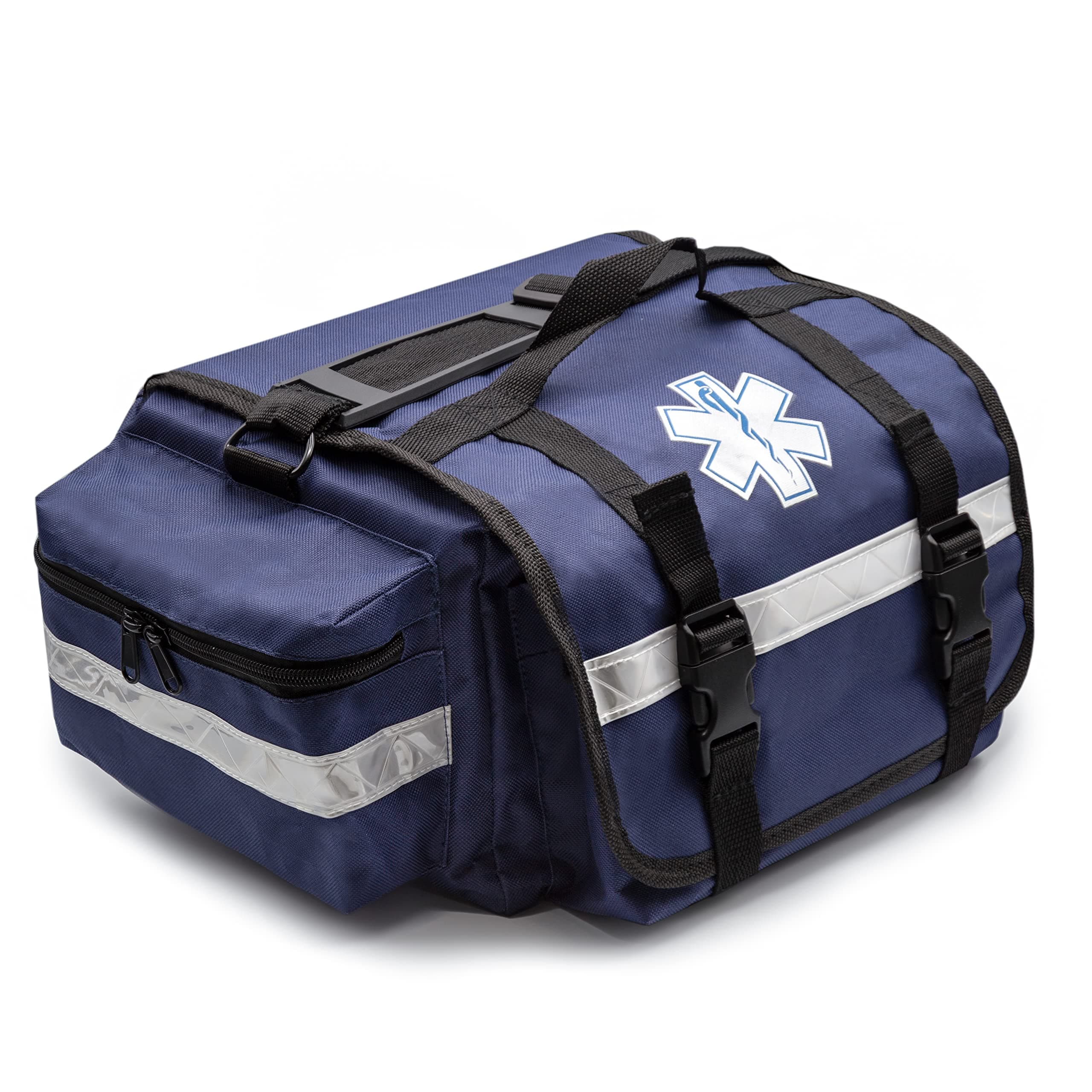KB-RO74-B First Responder Trauma Bag, 17" x 9" x 7", Blue — EMT/EMS Medical Supply Organizer with Padded Dividers, Multiple Compartments, Side Pockets, Reflective Strip, Durable Design