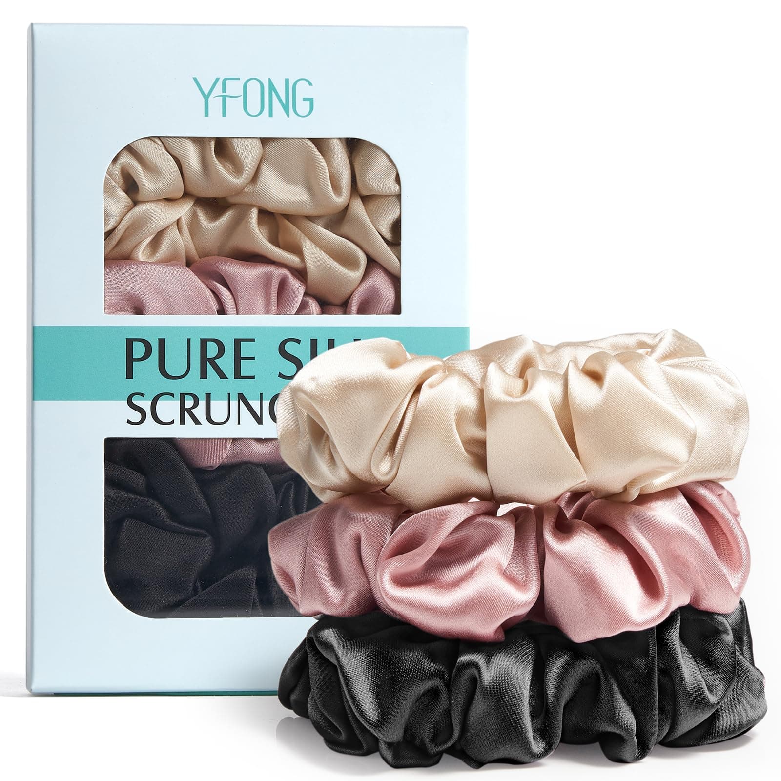 YFONG 3 PCS 100% Mulberry Silk Scrunchies for Women's Hair, 22 Momme Elastic Hair Scrunchies/Ties for Frizz & Breakage Prevention, Natural Hair Bands for Ponytail Holder Gentle And No hurt
