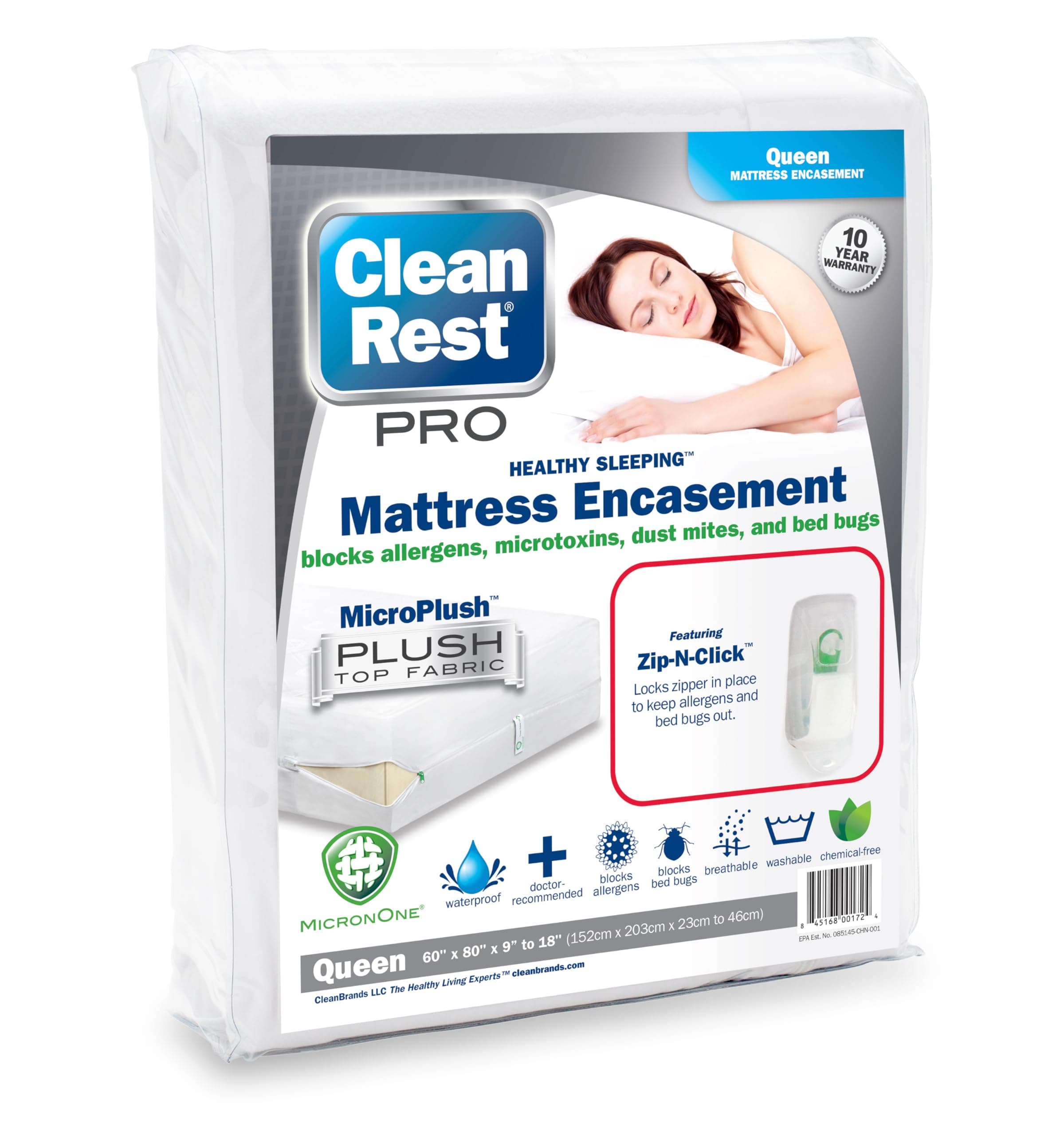 CleanRest PRO Mattress Encasement (Zippered Protector) with Patented Zip-N-Click Closure for Secure Bed Bug Protection - Queen Size