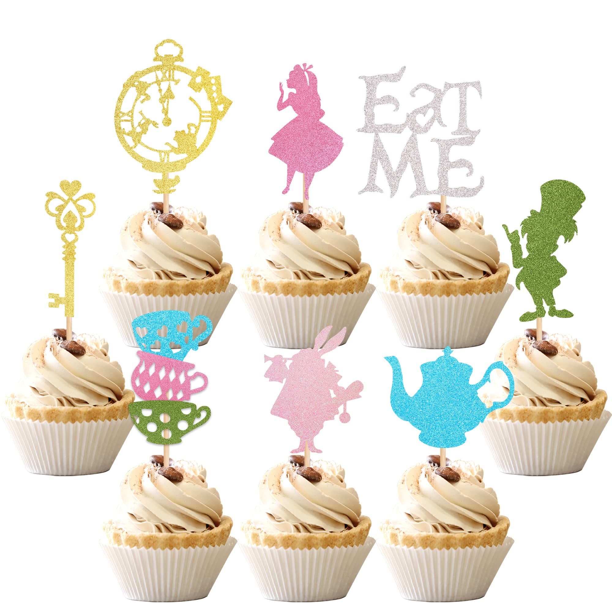 24 PCS Magic Alice Cupcake Toppers Glitter Bowl Key Clock Fairy Eat Me Cupcake Picks Tea Party Cake Decorations for Baby Shower Kids Boys Girls Birthday Party Supplies