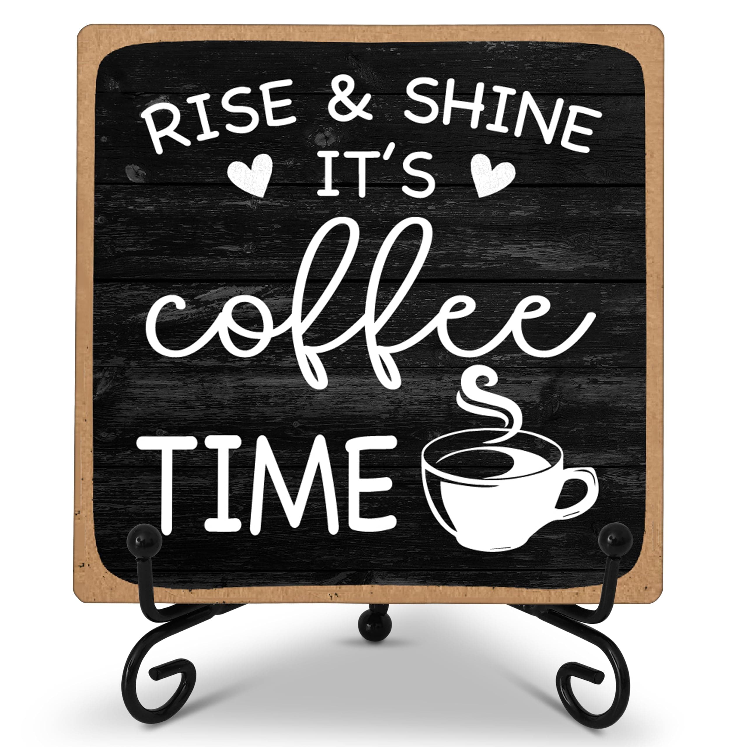 Farmhouse Coffee Bar Sign, Rise & Shine It's Coffee Time, 5"x5" Wood Plaque with Stand Gift for Home Kitchen Tabletop Decor -B09