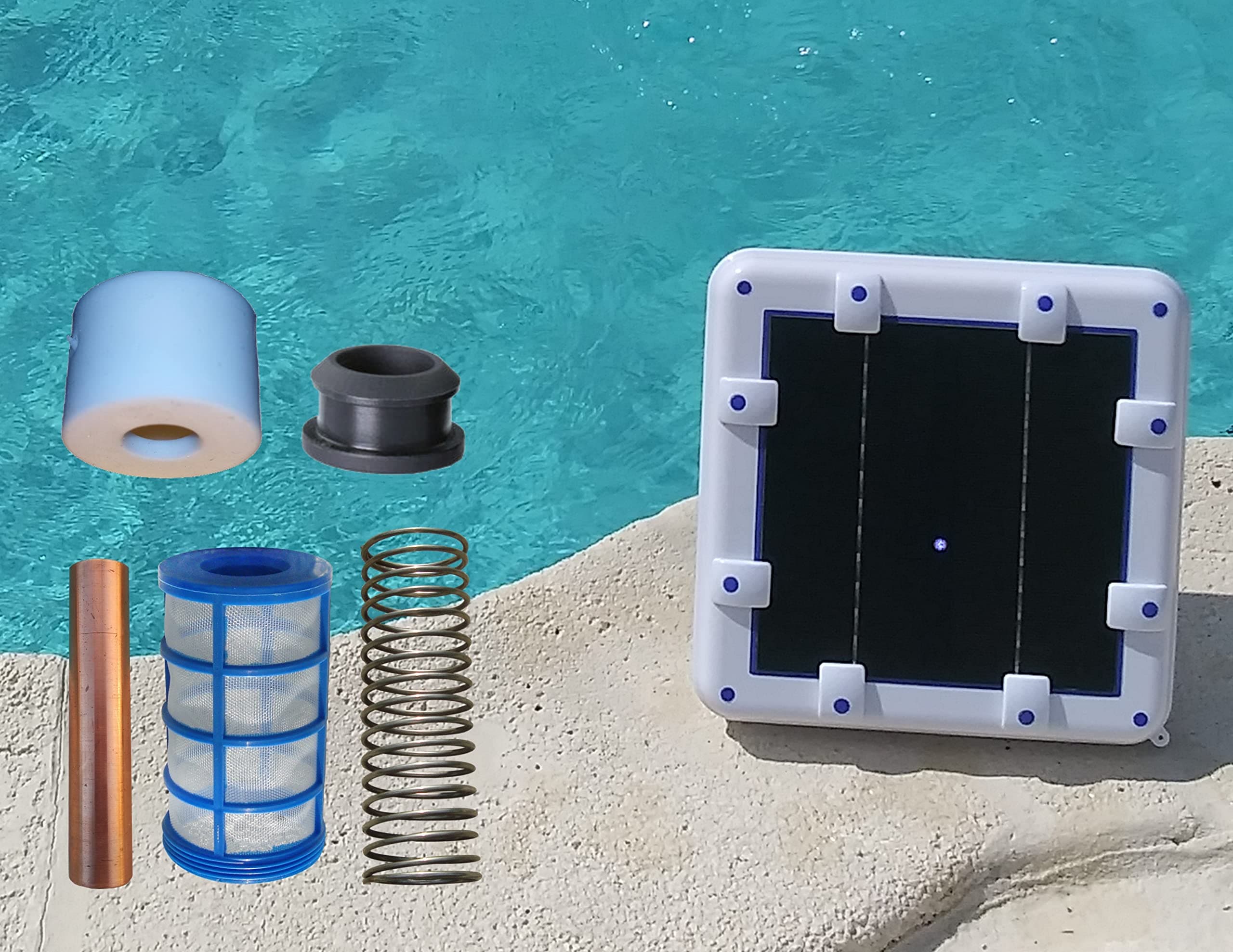 Solar Pool Ionizer with On/Off LED | 14 Volts | 4X More Mineral ions | Threaded Basket (use Anode up to 99%) | Self Cleaning Anode | up to 45,000 gallons