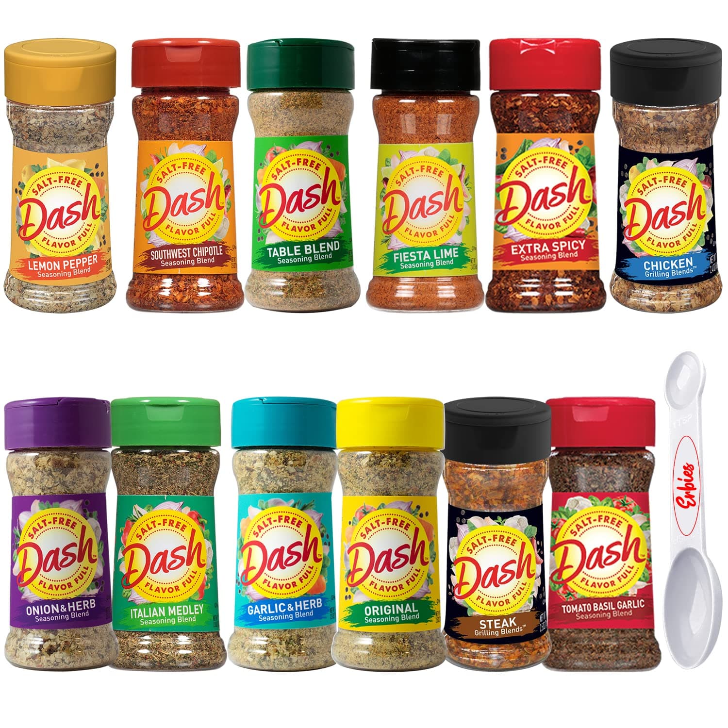 Mrs Dash Seasoning Salt Free Variety Pack, 12 Bottles Complete Set, A Healthier Option Salt Free Spices, Mrs. Dash No Salt Seasoning with Measuring Spoon by Erbies