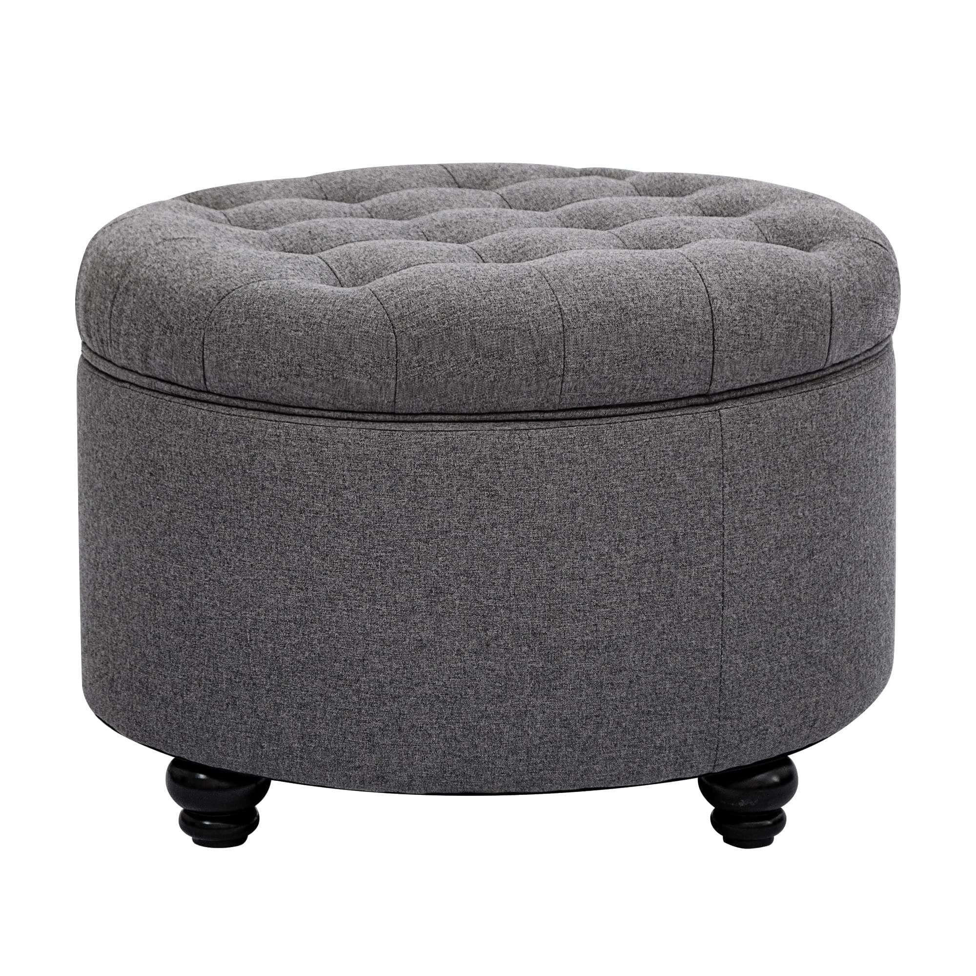 CangLong Large Button Tufted Fabric Round Storage Ottoman with Storage for Living Room & Bedroom, Dark Grey