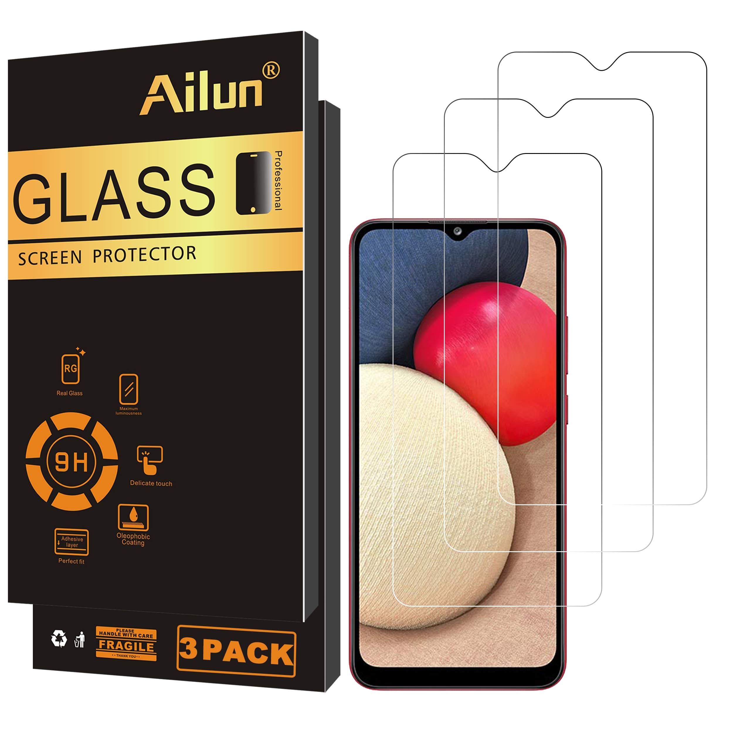 Ailun Screen Protector for Galaxy A03S/A02/A02S [3 Pack] Tempered Glass 0.33mm Ultra Clear Anti-Scratch Case Friendly