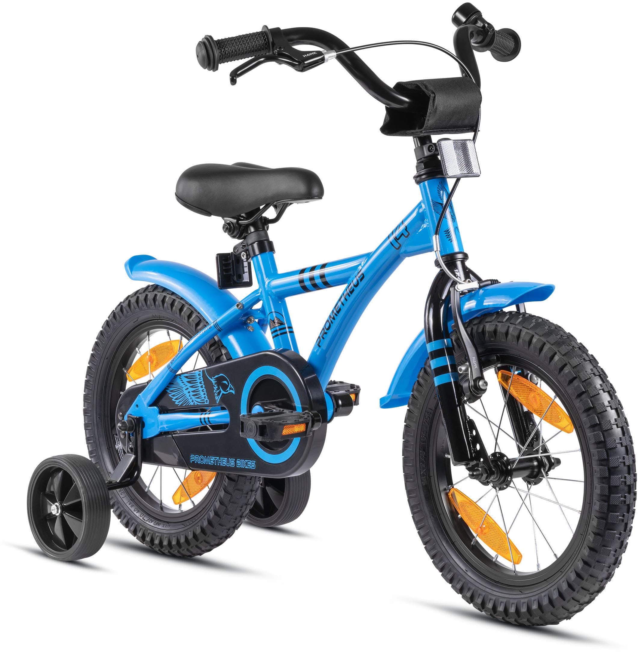 PROMETHEUS Kids bike 14 inch boy bike in colour blue & black with stabilisers | Caliper brake and backpedalling brake | From age 4 years | 14" BMX Edition 2017