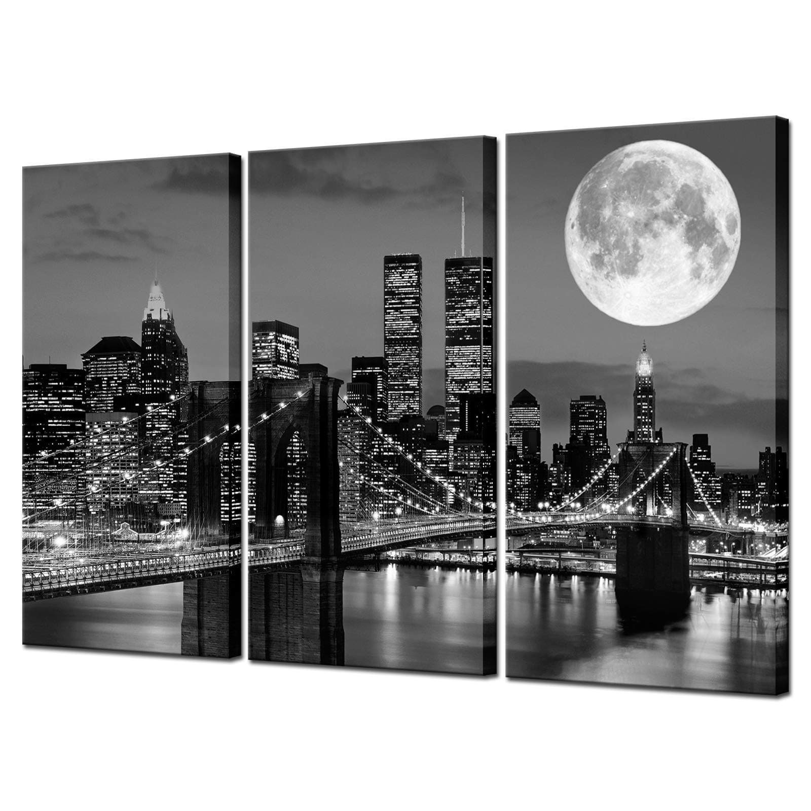 Biuteawal New York Skyline Wall Art Brooklyn Bridge Moon Night View Picture Canvas Print Black and White City Artwork Painting Modern Home Office Living Room Decoration