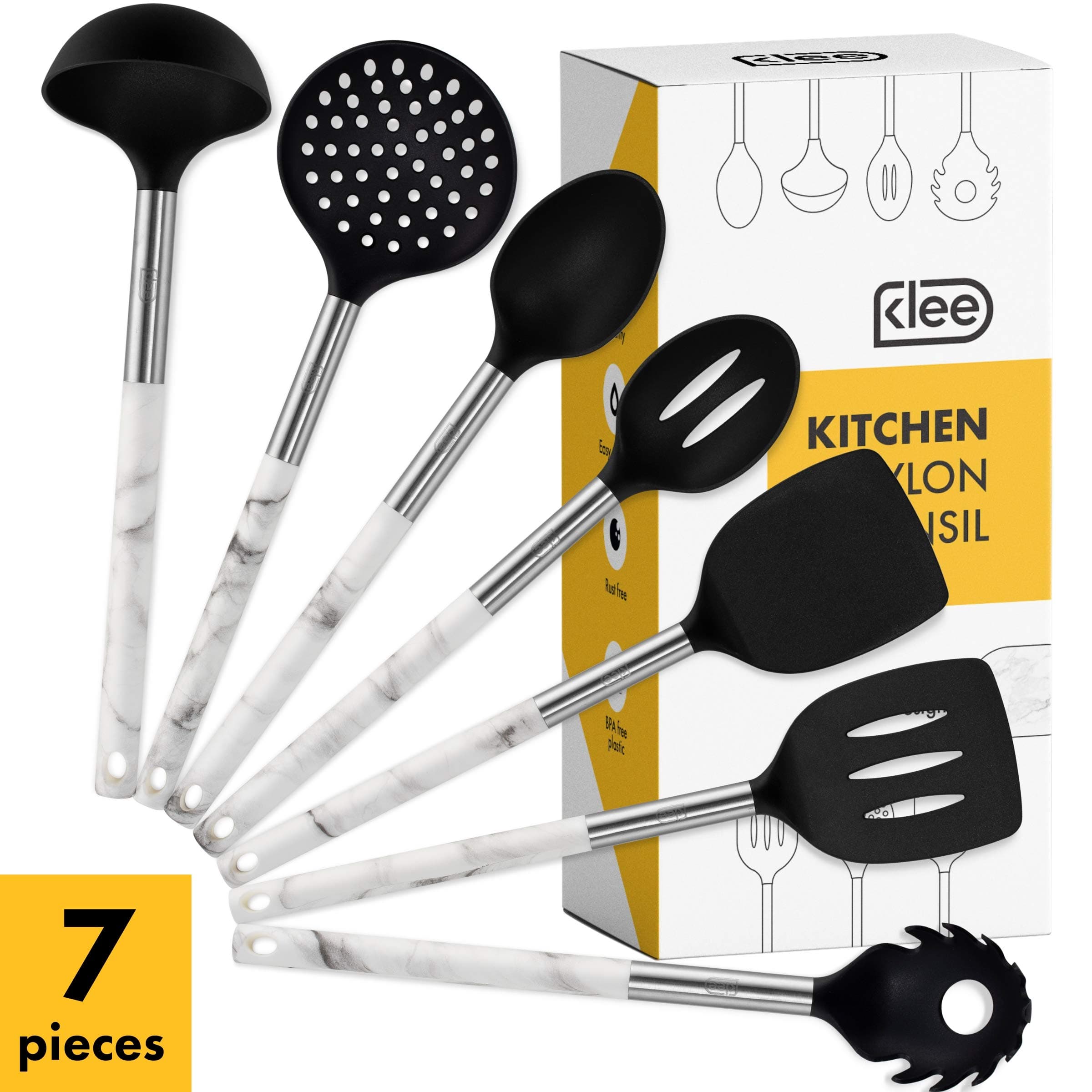 Klee 7-Piece Nonstick Nylon Kitchen Utensil Set, Marble and Black
