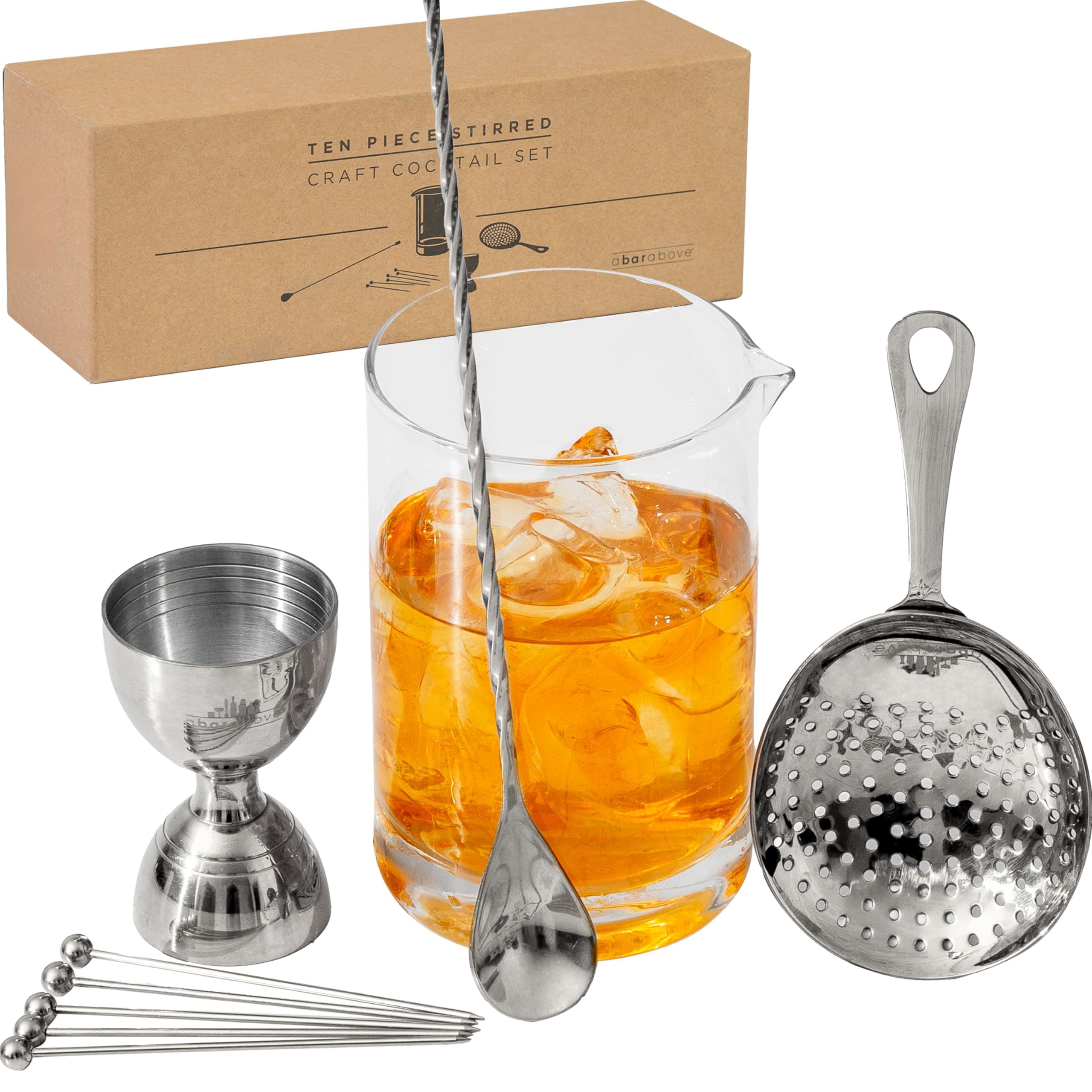 A Bar Above 10 Piece Cocktail Mixing Glass Set, Lead Free Cocktail Set with Mixing Glass, Bar Spoon, Julep Strainer, Bell Jigger and Picks, Bar Accessories, Ideal for Martinis, Whiskey and Negronis