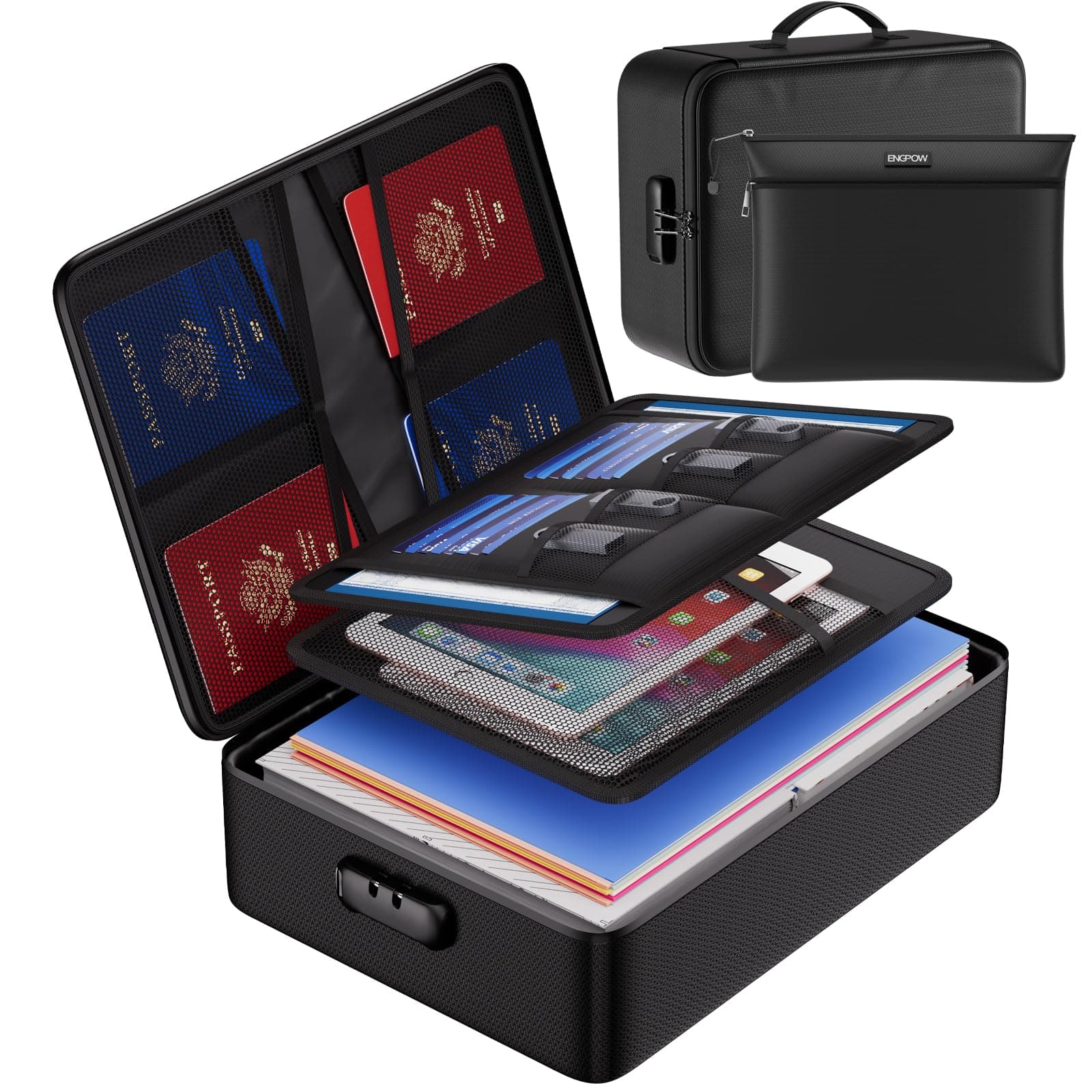 Engpow Fireproof Document Organizer Bag With Lock, Multi-Layer Portable Filing Storage For Important Documents, Passport, Certificates, Legal Fit Letter And A4 Size, Black