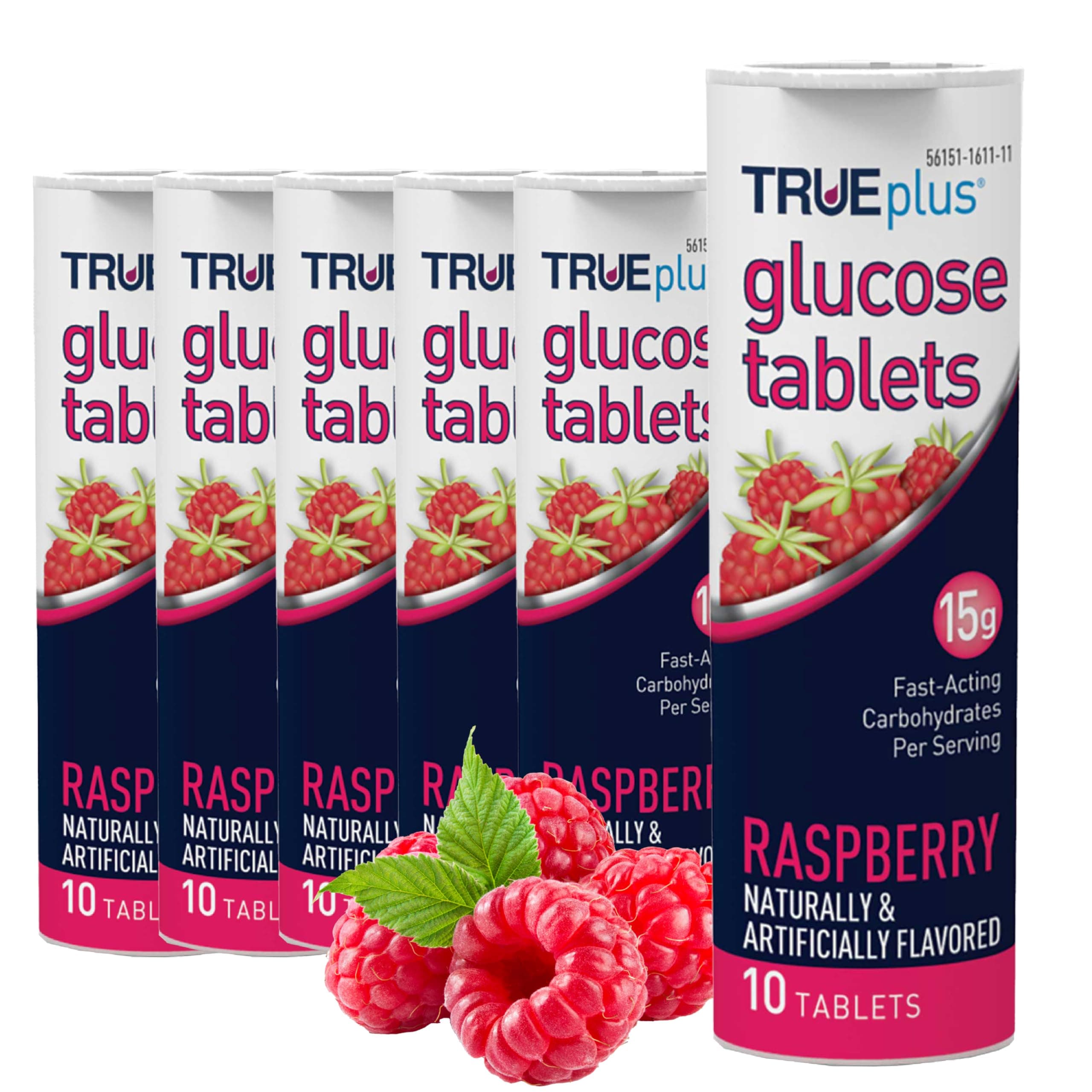 Glucose Tablets, Chewable, Raspberry Flavor, 15g Fast-Acting Carbohydrates, Fat Free, Gluten Free, Raise Low Blood Sugar and Boost Energy, 10 Count, 6 Tubes