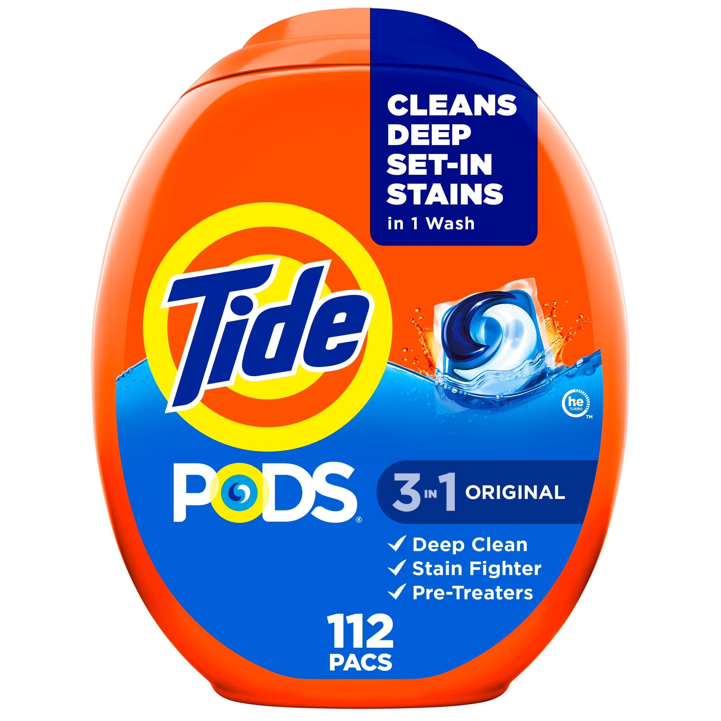 PODS laundry detergent pacs, 3-in-1 Stain Remover, Odor Fighter, Color Protector, 112 Count, HE compatible, Original Scent
